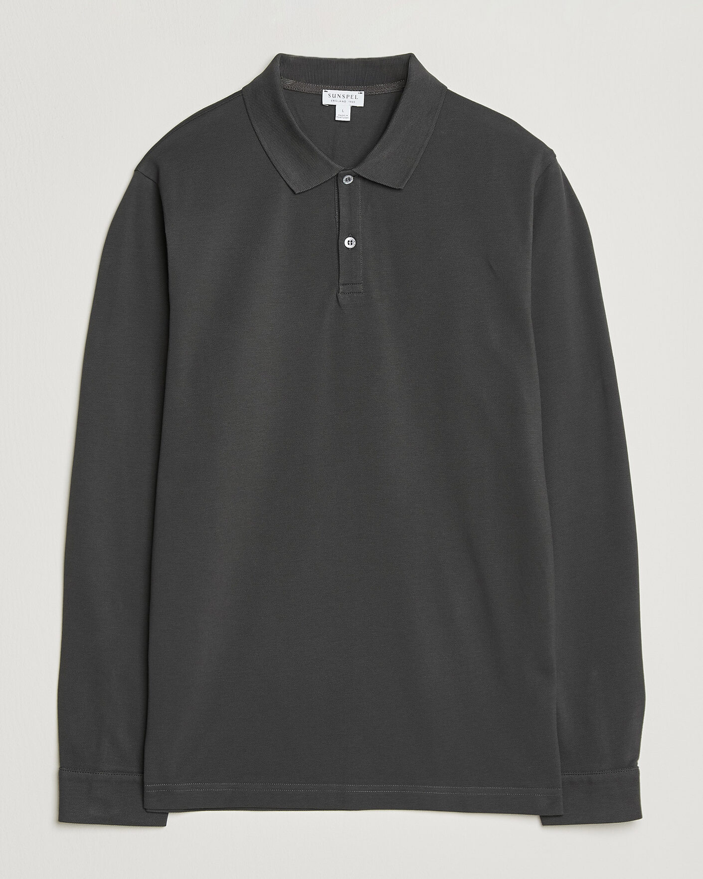 Homme | Polos | Sunspel | Supima Cotton Long Sleeve Pique Polo Anthracite