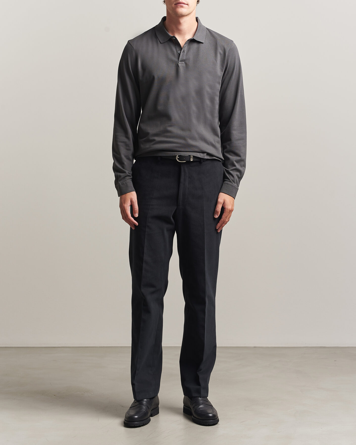 Homme | Polos | Sunspel | Supima Cotton Long Sleeve Pique Polo Anthracite