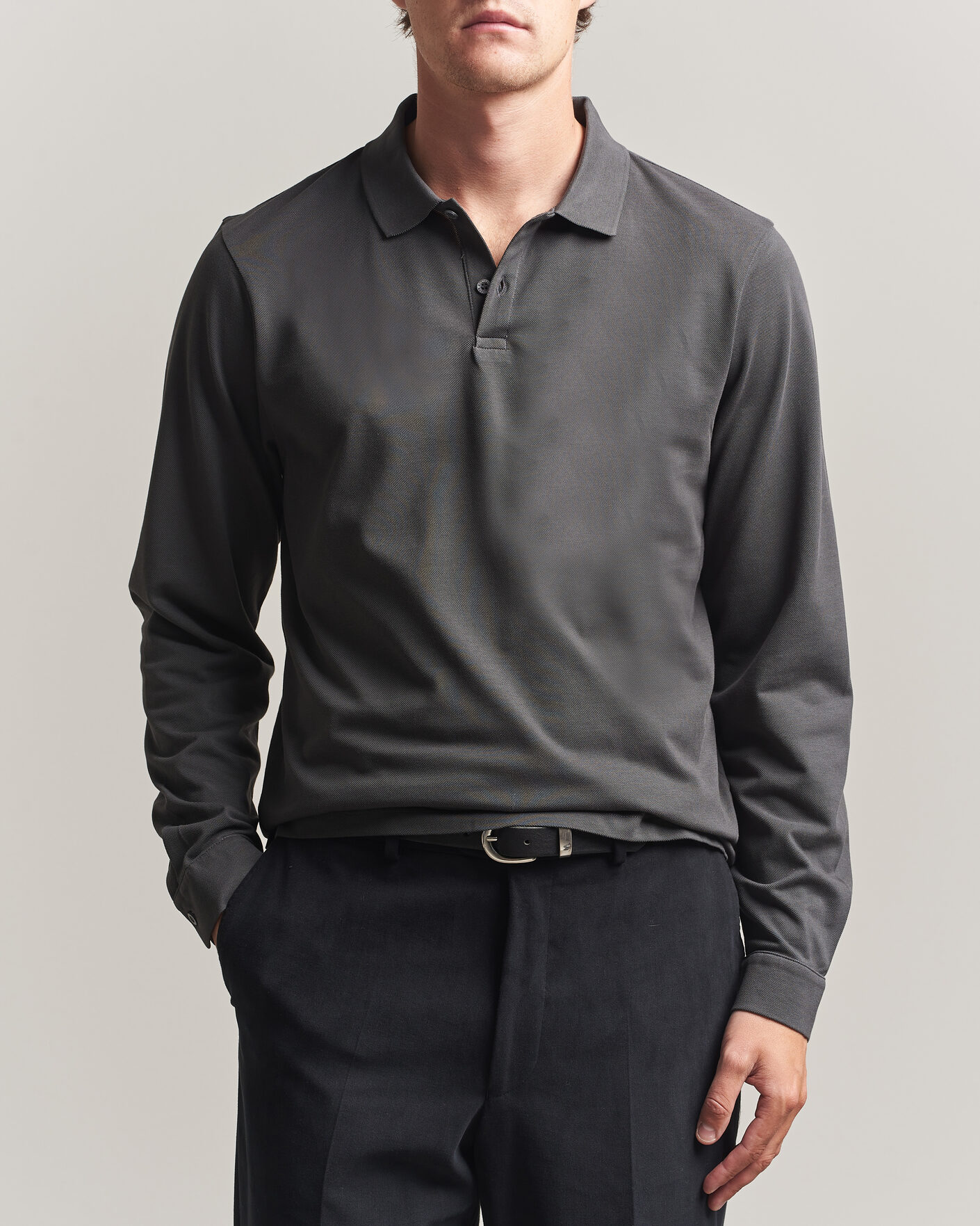 Homme | Polos | Sunspel | Supima Cotton Long Sleeve Pique Polo Anthracite