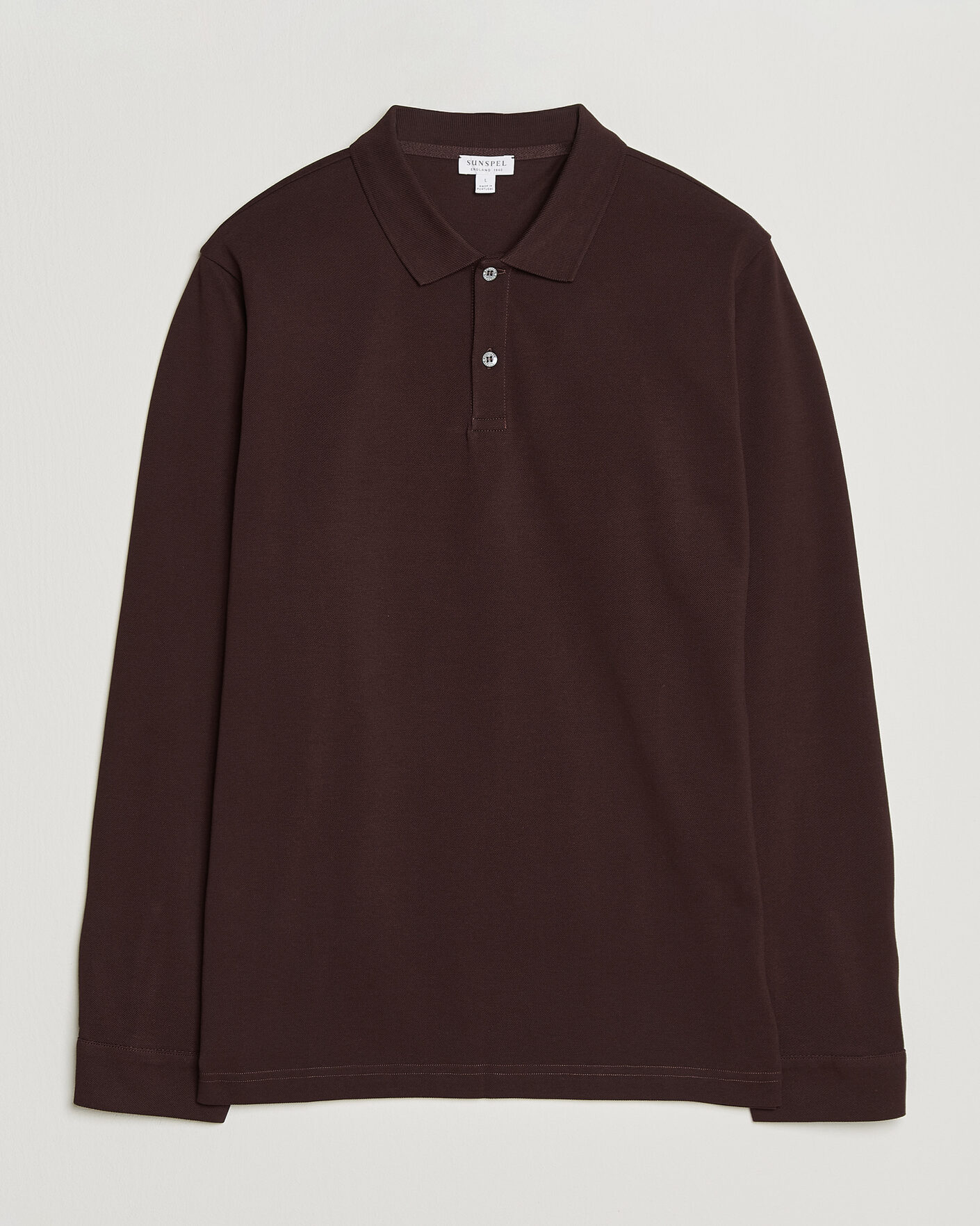 Homme | Polos | Sunspel | Supima Cotton Long Sleeve Pique Polo Dark Brown