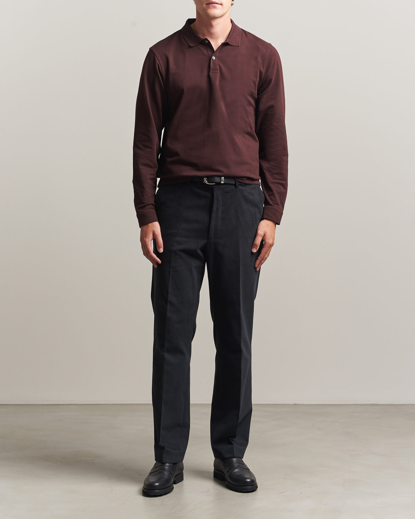 Homme | Polos | Sunspel | Supima Cotton Long Sleeve Pique Polo Dark Brown