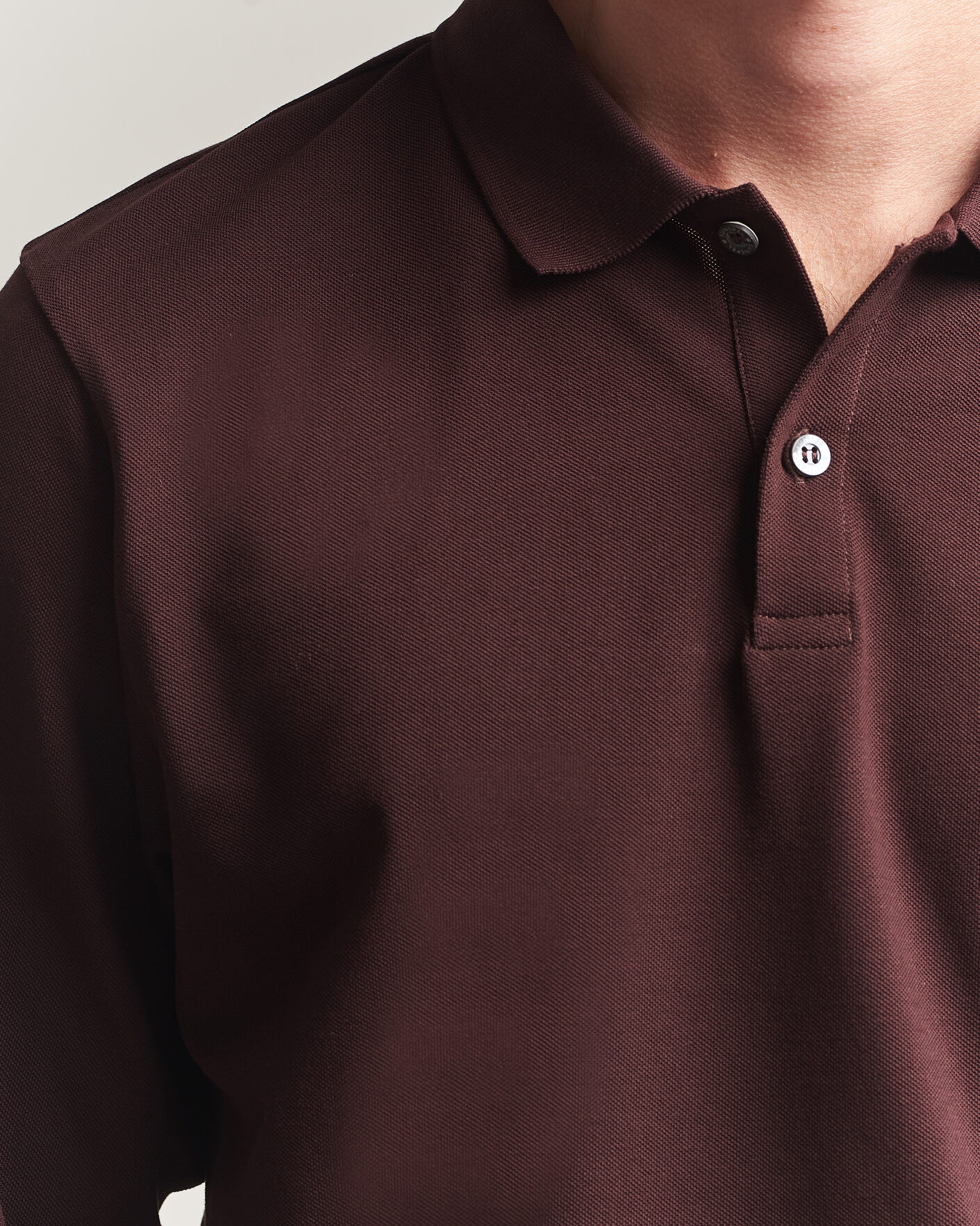 Homme | Polos | Sunspel | Supima Cotton Long Sleeve Pique Polo Dark Brown
