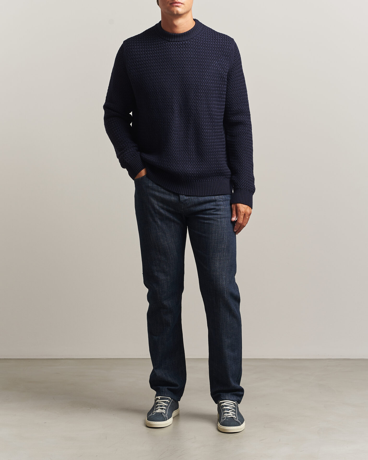 Homme | Pulls Et Tricots | Sunspel | Merino Basketweave Stitch Jumper Navy