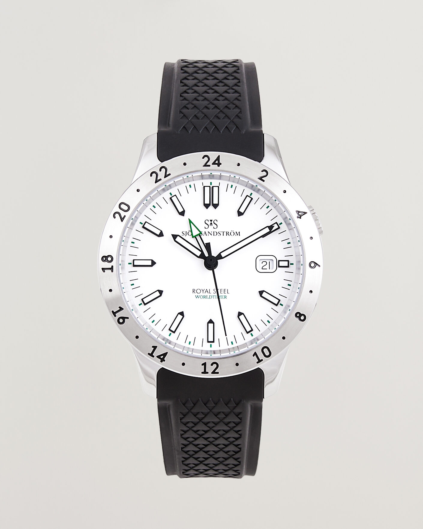 Homme | Sjöö Sandström Royal Steel Worldtimer 41mm Black Rubber White Dial | Sjöö Sandström | Royal Steel Worldtimer 41mm Black Rubber White Dial