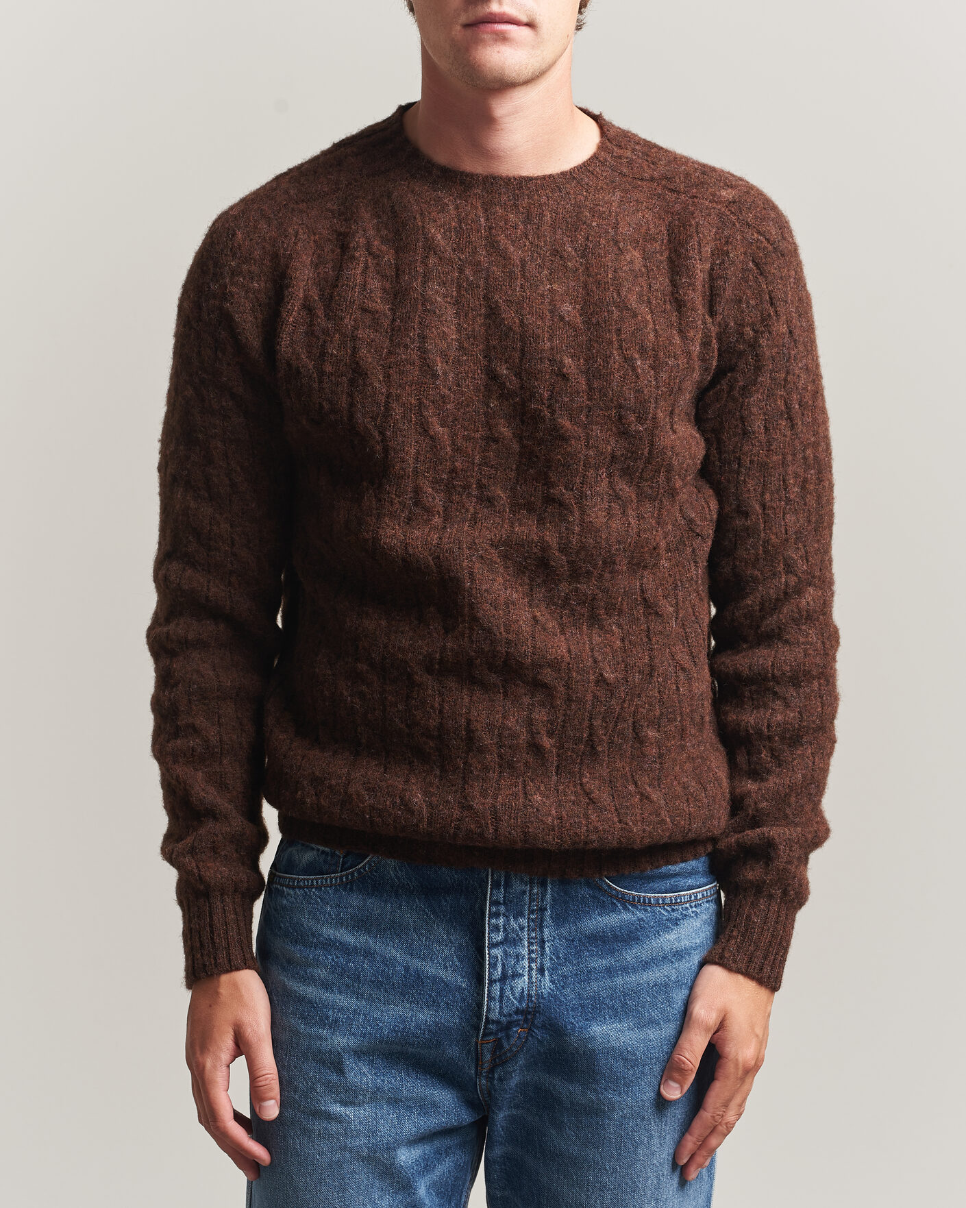 Homme | Pulls Et Tricots | Harley Of Scotland | Brushed Supersoft Lambswool Cable Marron
