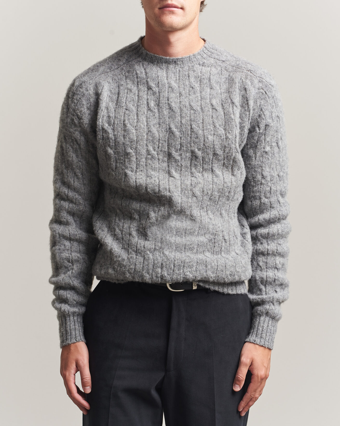 Homme | Pulls Et Tricots | Harley Of Scotland | Brushed Supersoft Lambswool Cable Mid Grey