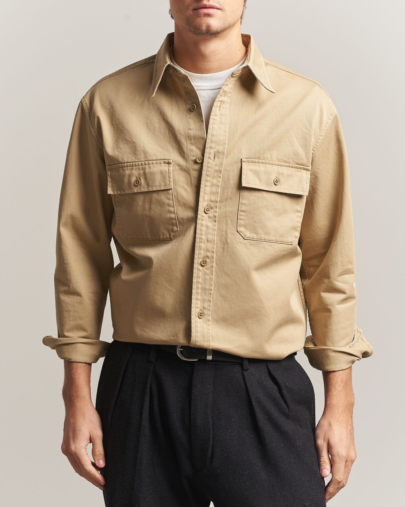 Homme | Chemises | Kamakura Shirts | Cotton Twill CPO Overshirt Beige