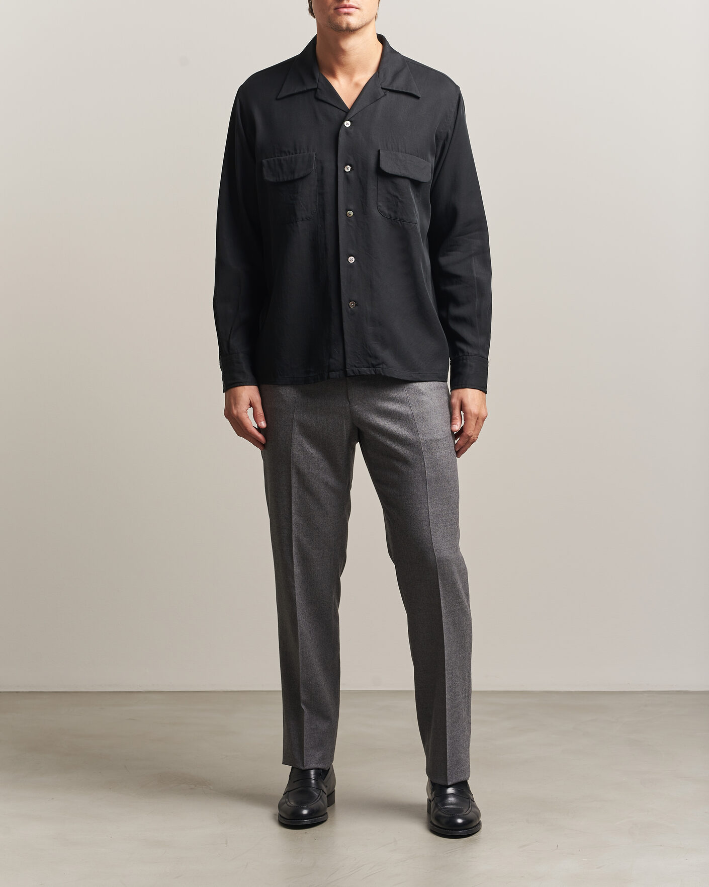 Homme | Chemises | Kamakura Shirts | Vintage Open Collar Shirt Black