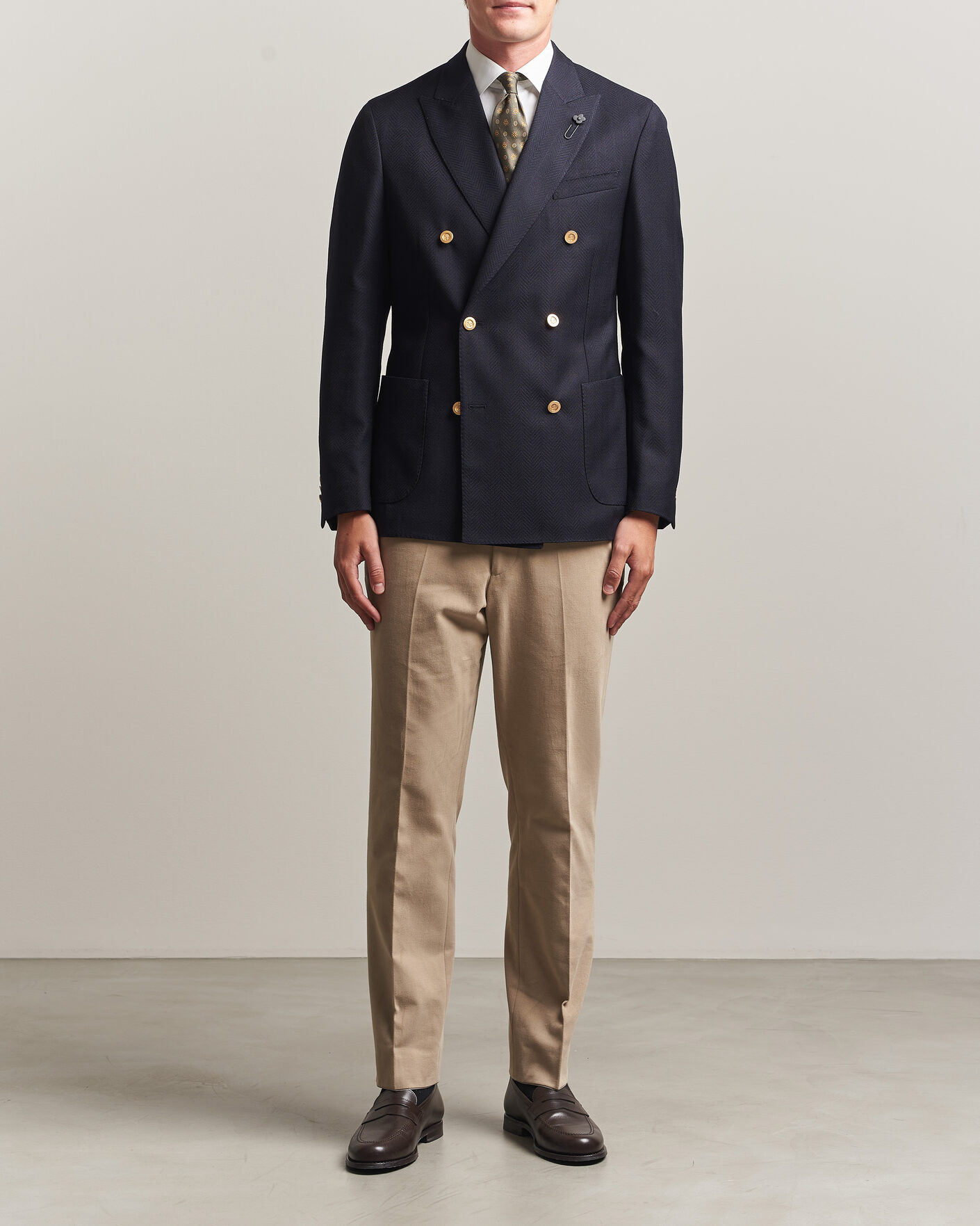 Homme | Blazers | Lardini | Double Breasted Herringbone Wool Blazer Navy