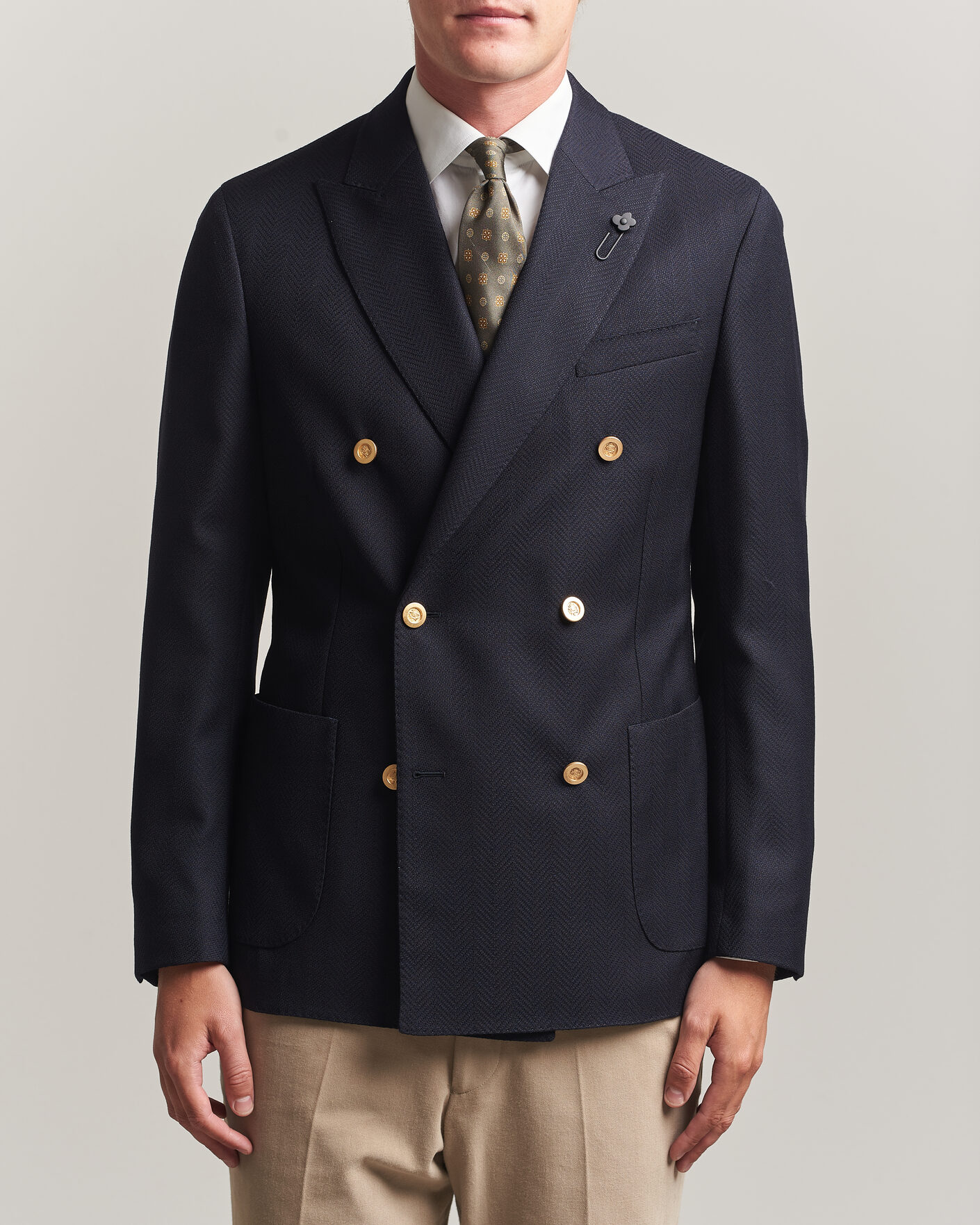 Homme | Blazers | Lardini | Double Breasted Herringbone Wool Blazer Navy