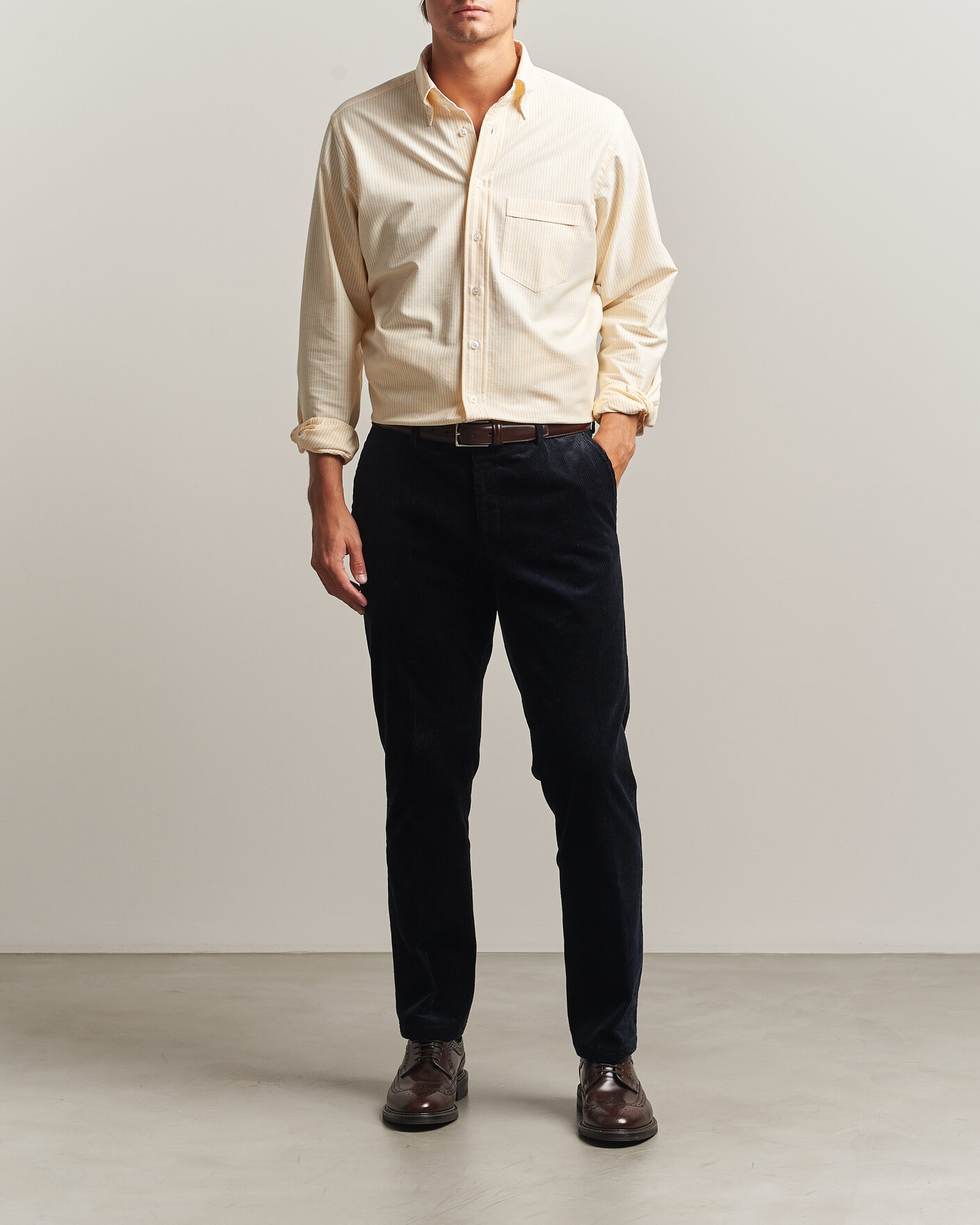 Homme | Chemises | Drake's | Striped Button Down Oxford Shirt Yellow