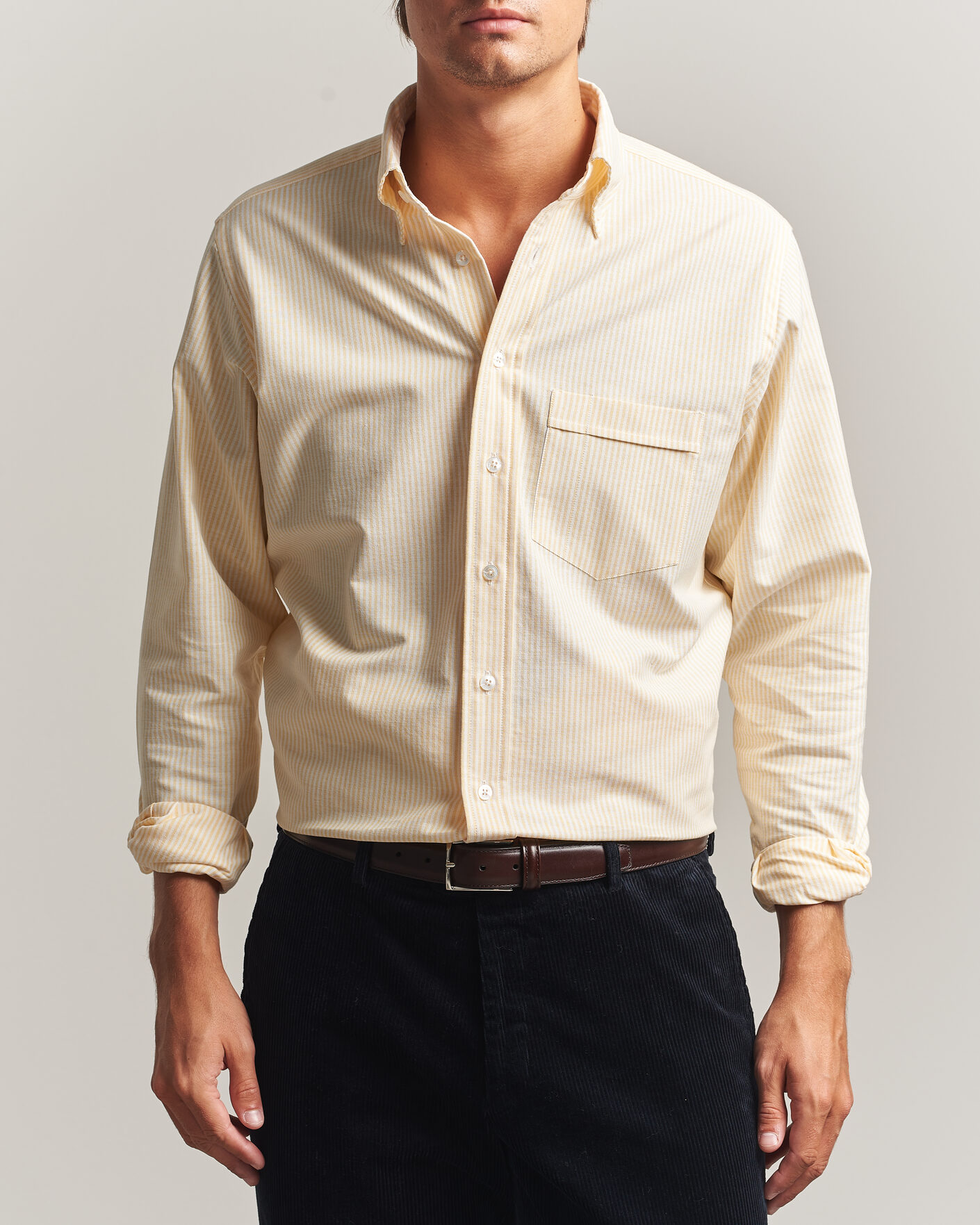 Homme | Chemises | Drake's | Striped Button Down Oxford Shirt Yellow