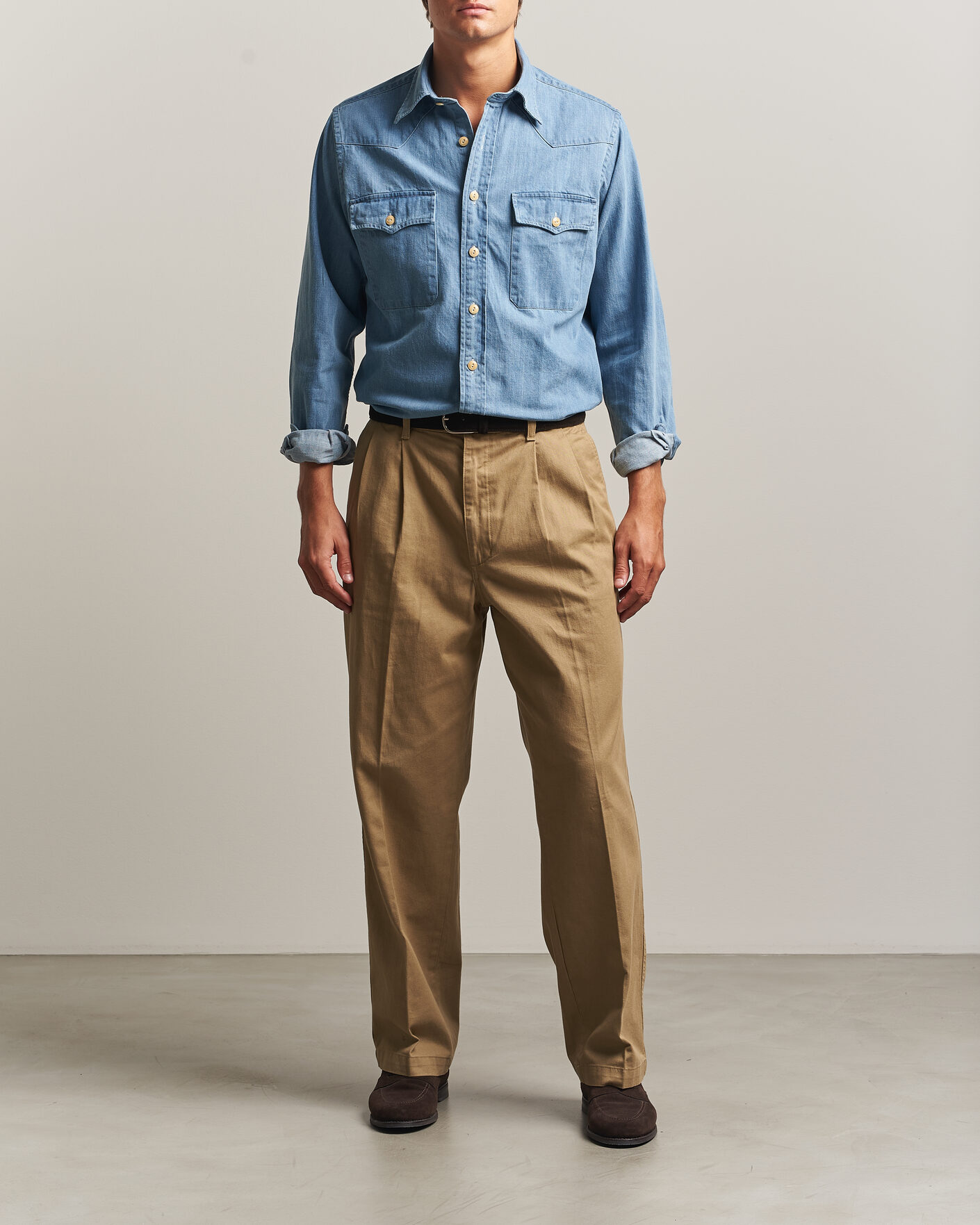 Homme | Chemises | Drake's | Denim Western Shirt Bleached Blue