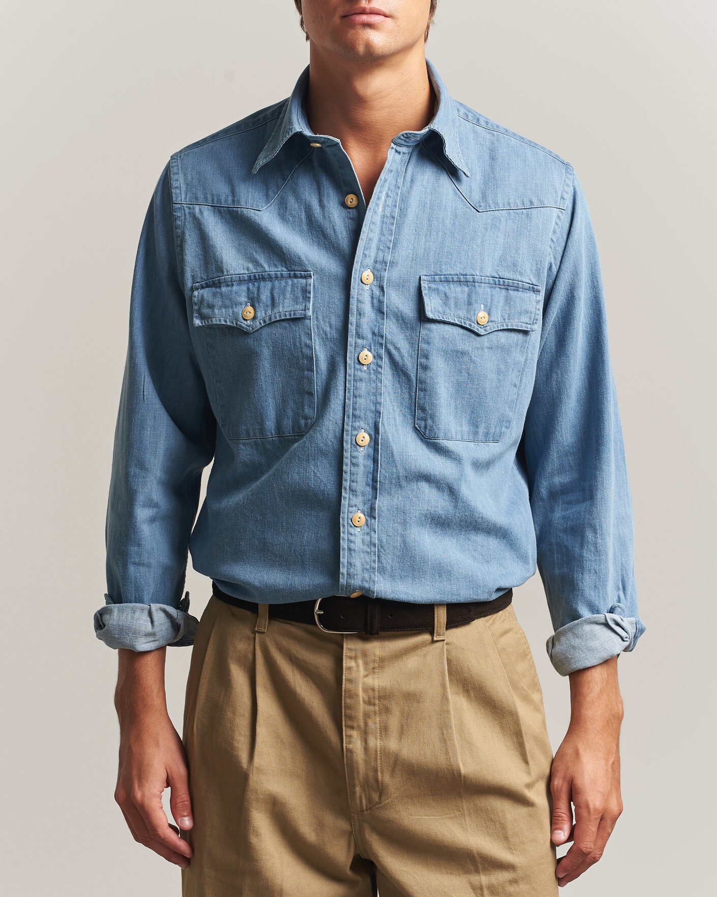 Homme | Chemises | Drake's | Denim Western Shirt Bleached Blue