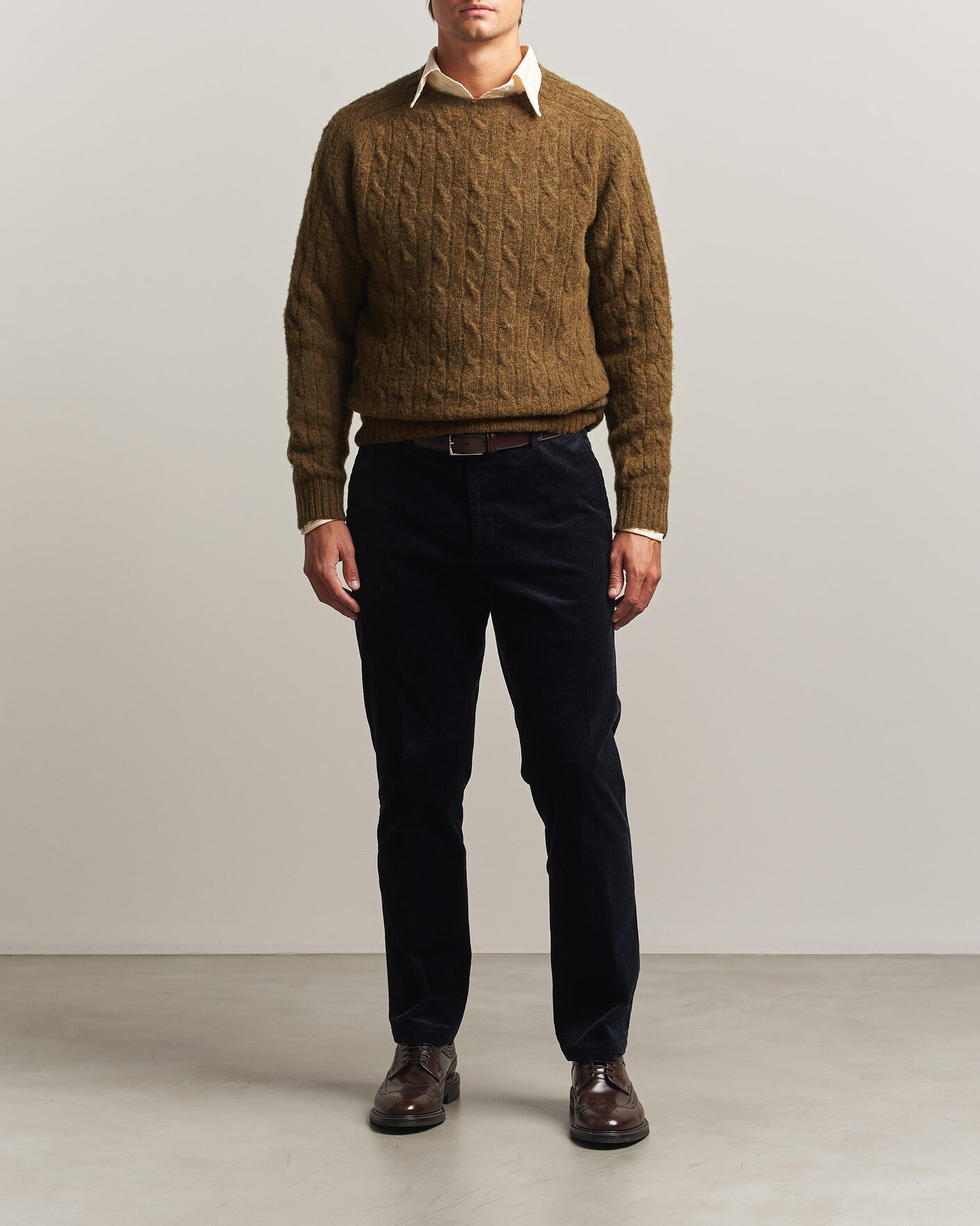 Homme | Pulls Et Tricots | Drake's | Brushed Shetland Cable Crew Moorland Olive