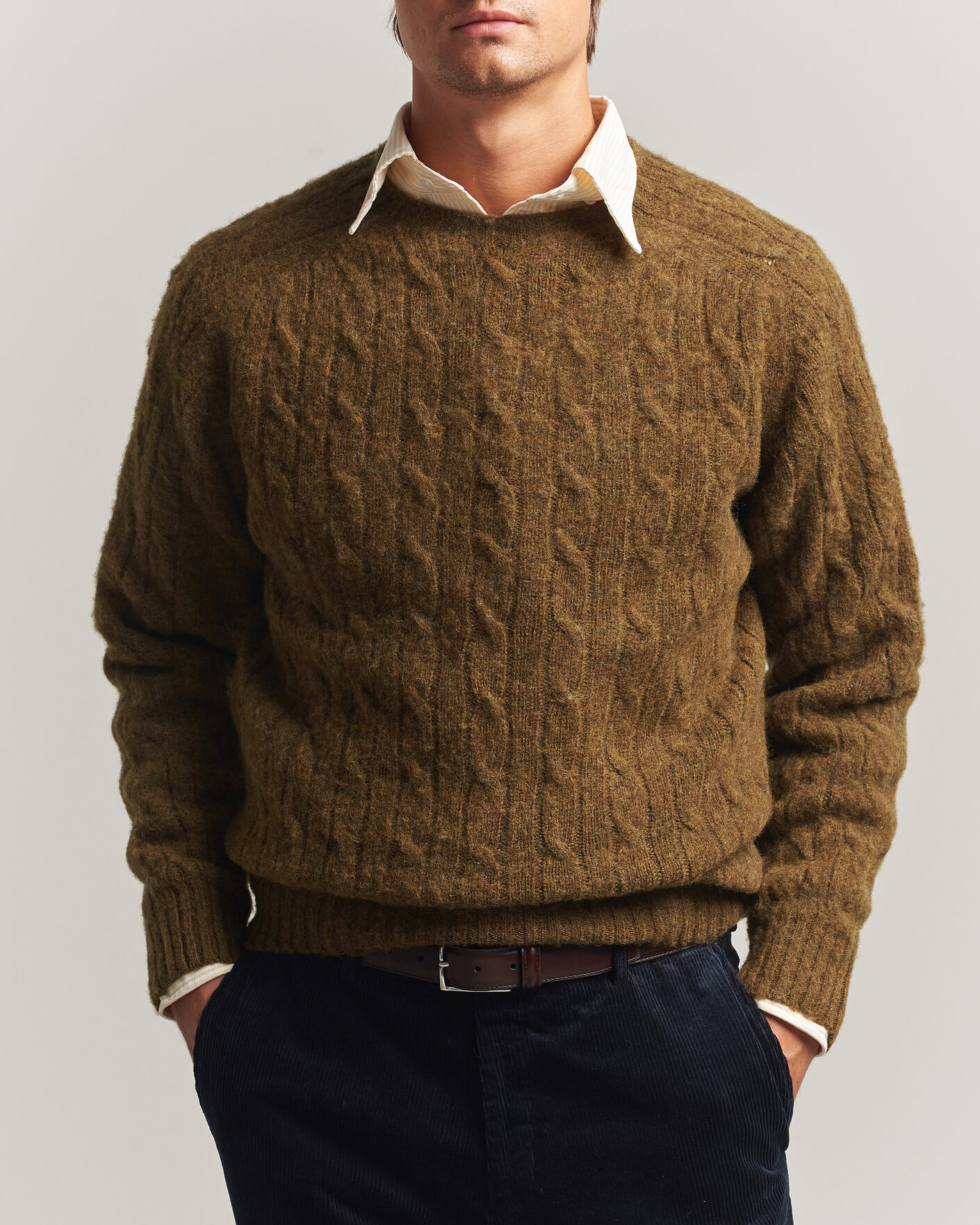 Homme | Pulls Et Tricots | Drake's | Brushed Shetland Cable Crew Moorland Olive