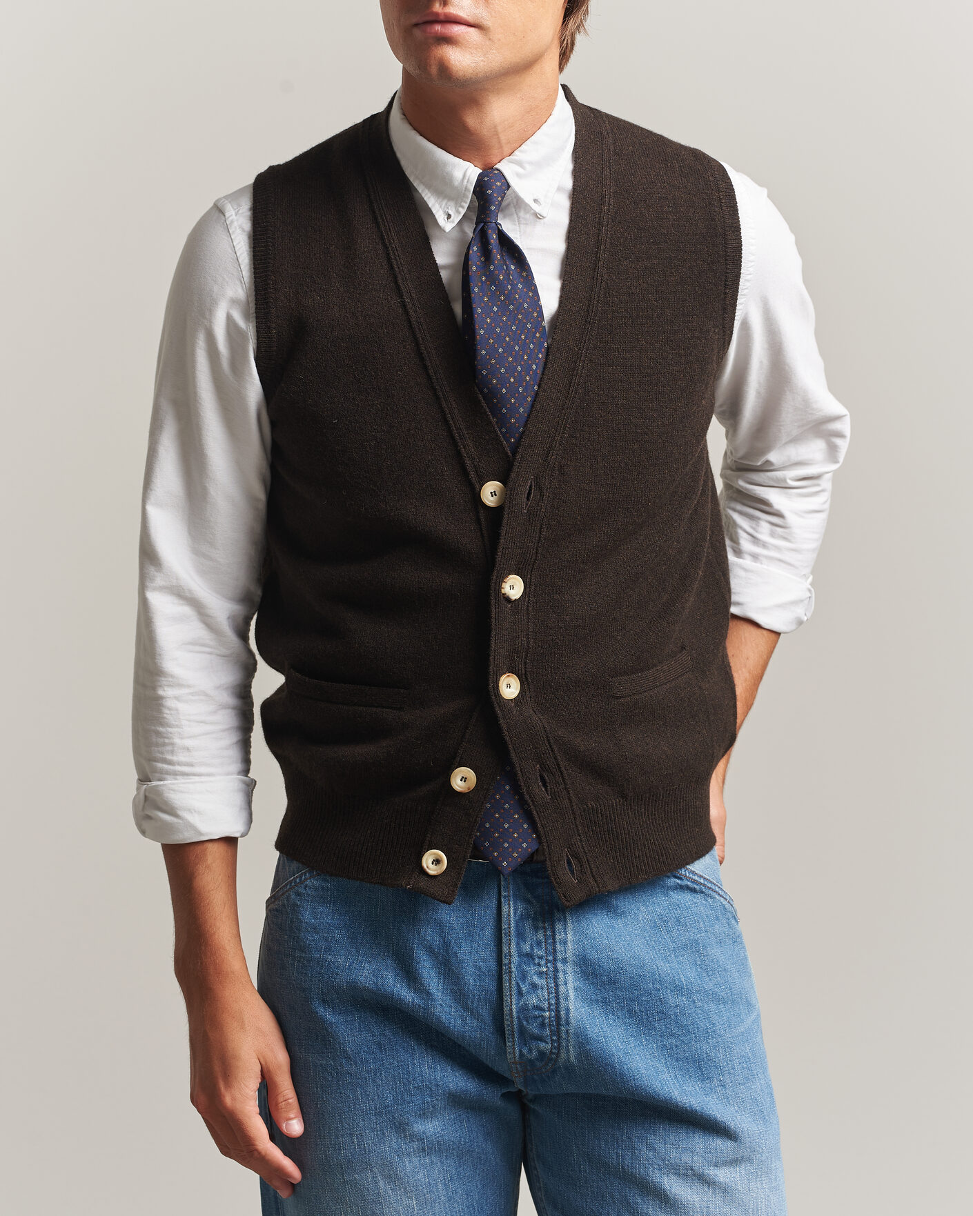Homme | Pulls Et Tricots | Drake's | Lambswool Vest Cardigan Dark Brown