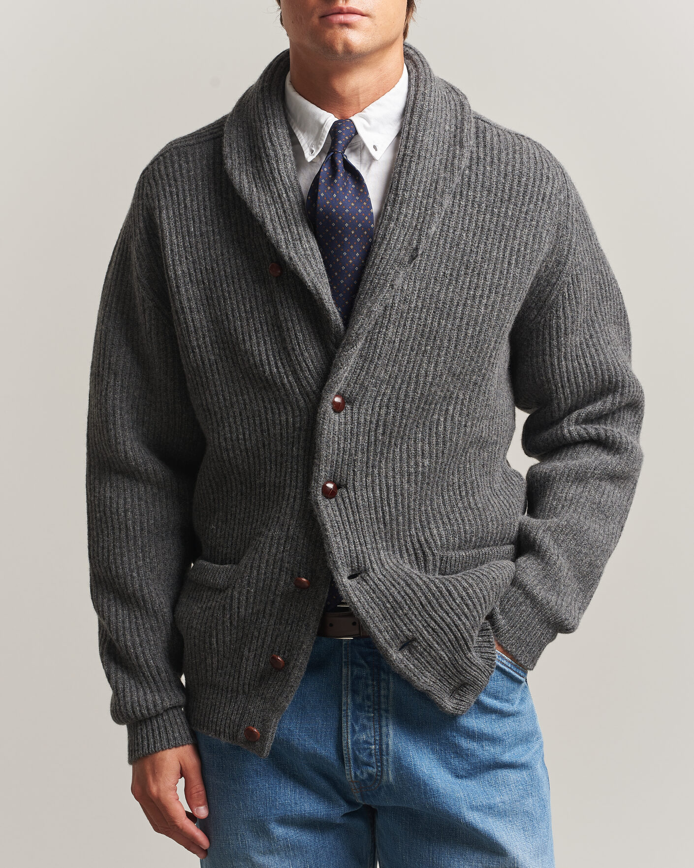 Homme | Pulls Et Tricots | Drake's | Lambswool Shawl Collar Rib Cardigan Grey
