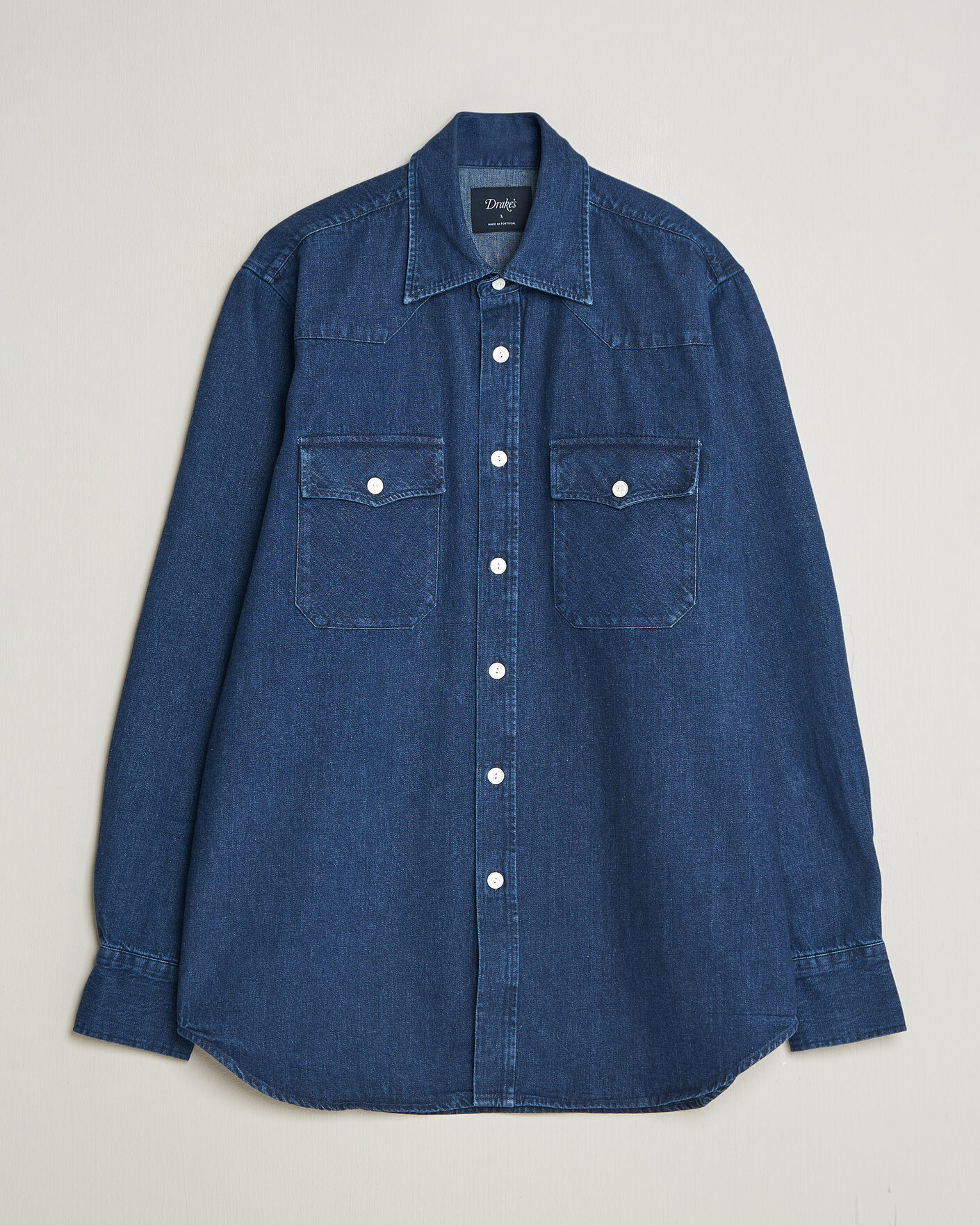 Homme | Chemises | Drake's | Western Selvedge Denim Shirt Stone Wash Indigo