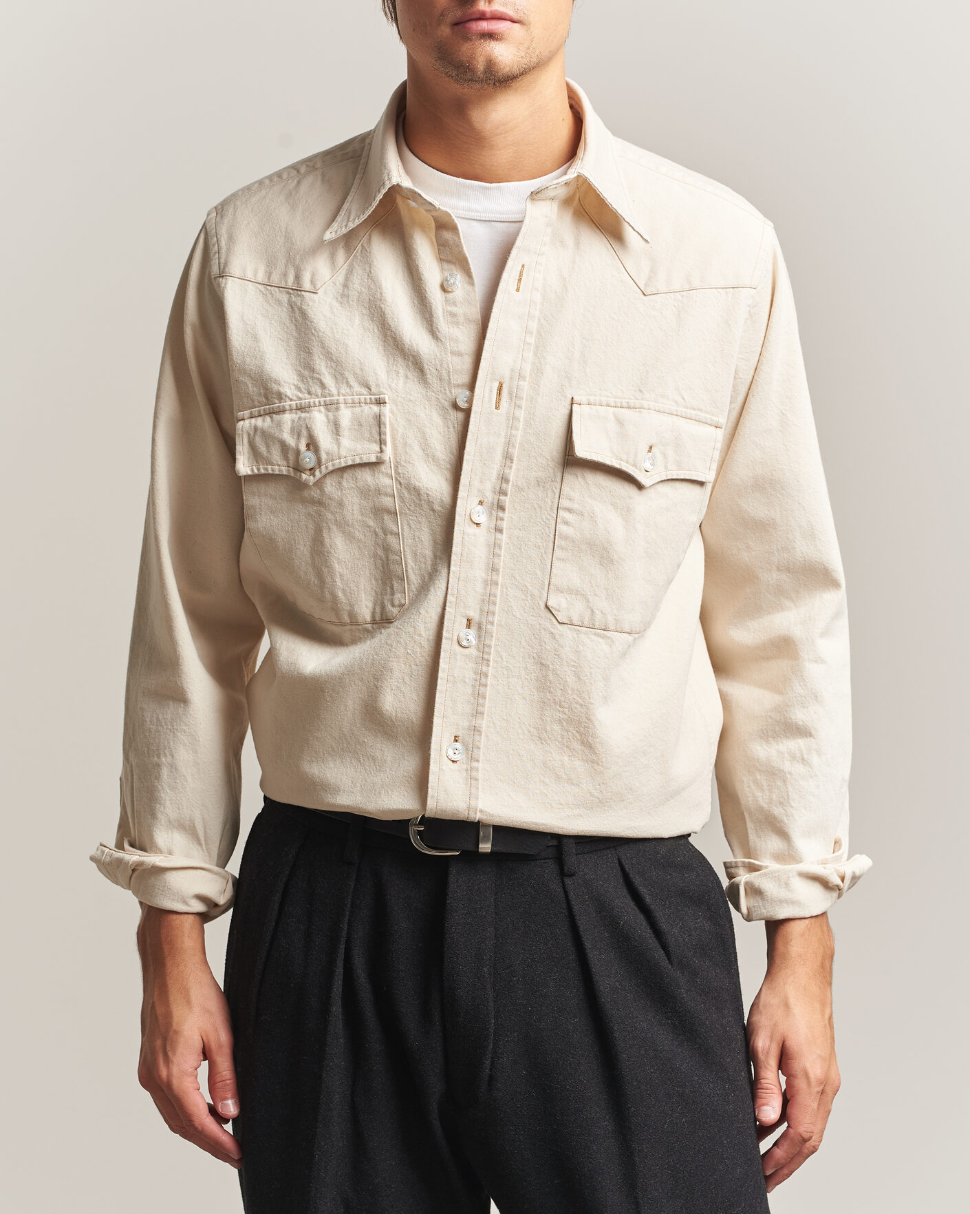 Homme | Chemises | Drake's | Western Denim Shirt Stone Wash Ecru
