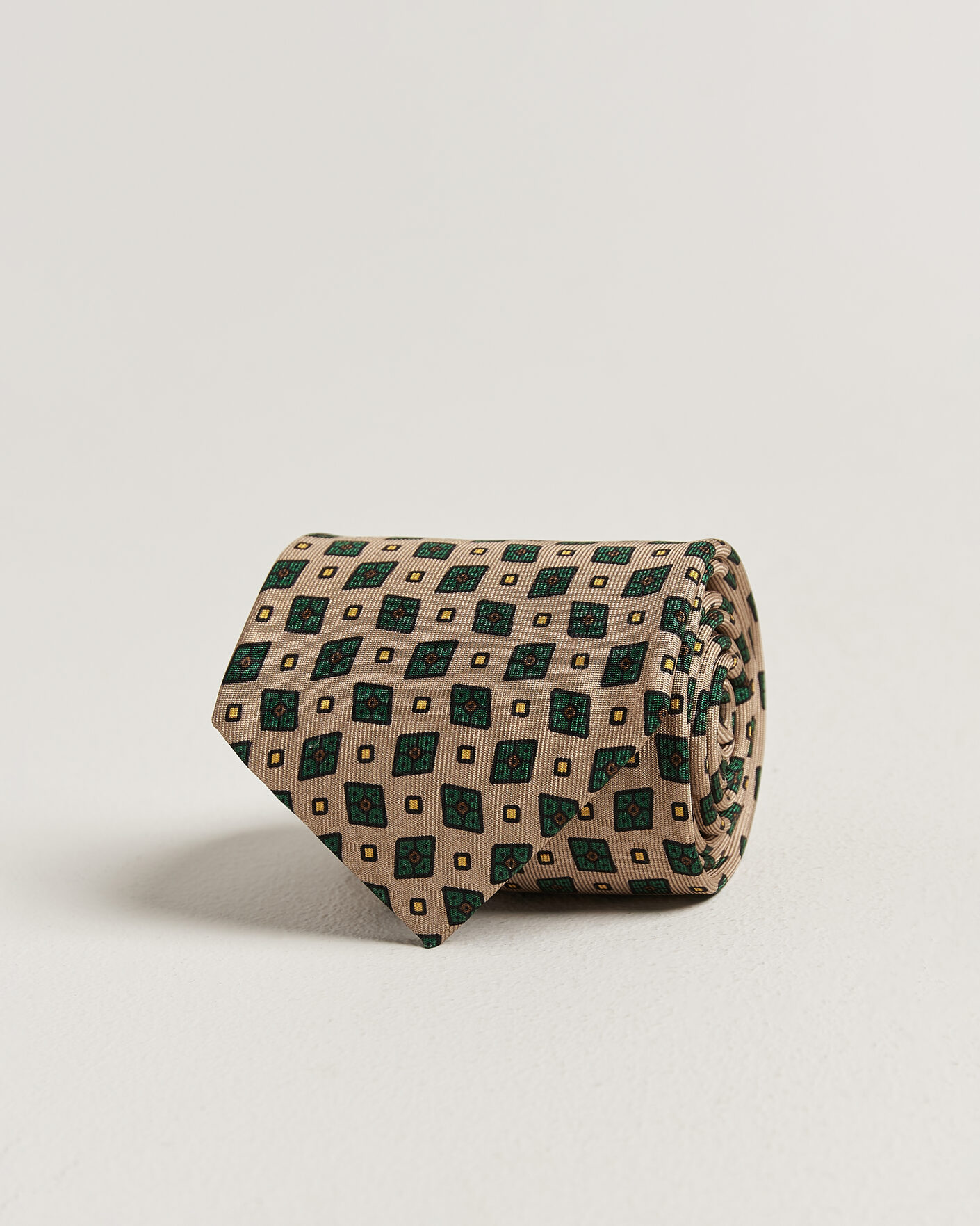 Homme | Cravates | Drake's | Mini Diamond Dot Pattern Silk Tie Beige/Green