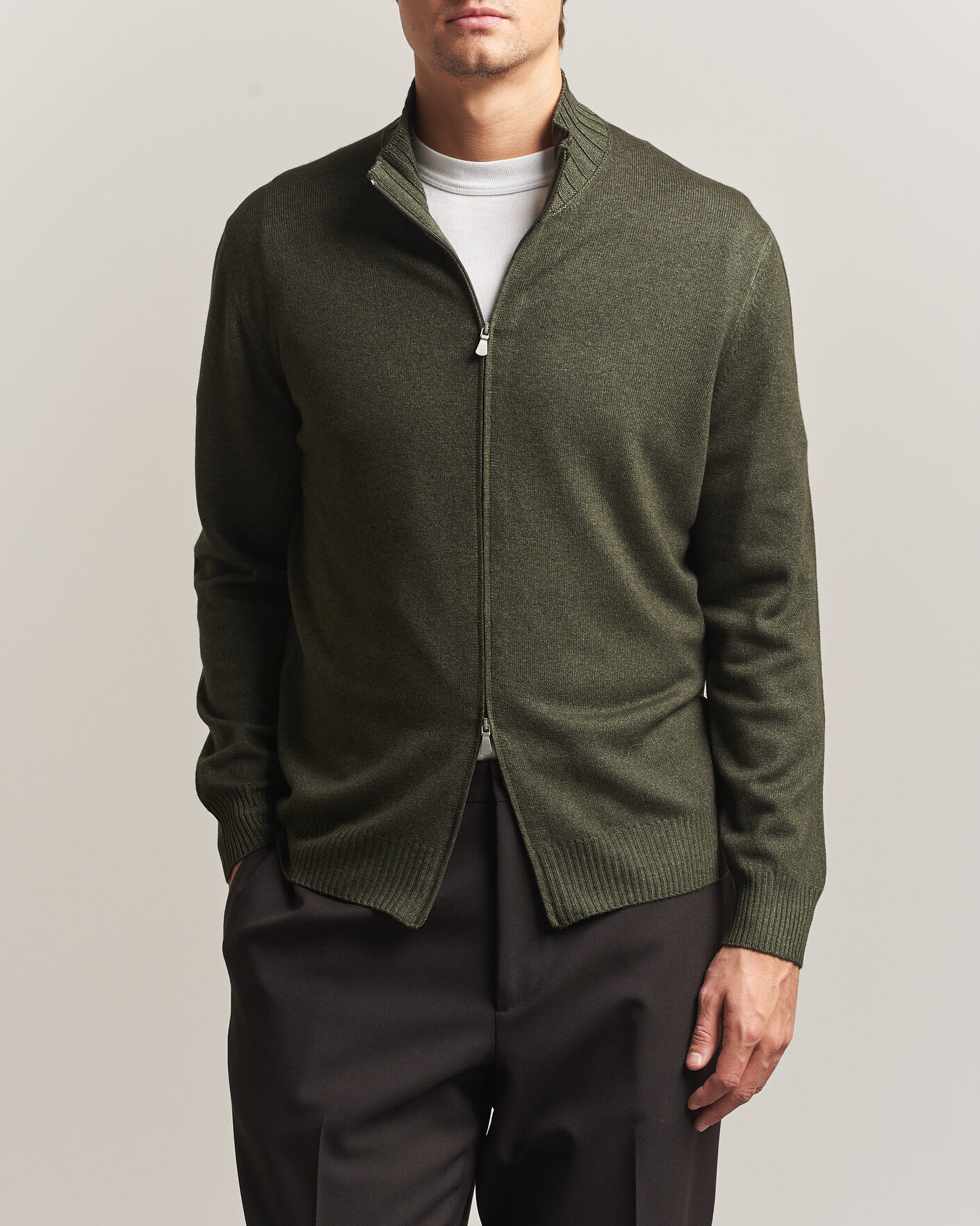 Homme | Pulls Et Tricots | Gran Sasso | Wool/Cashmere Washed Full Zip Olive Melange