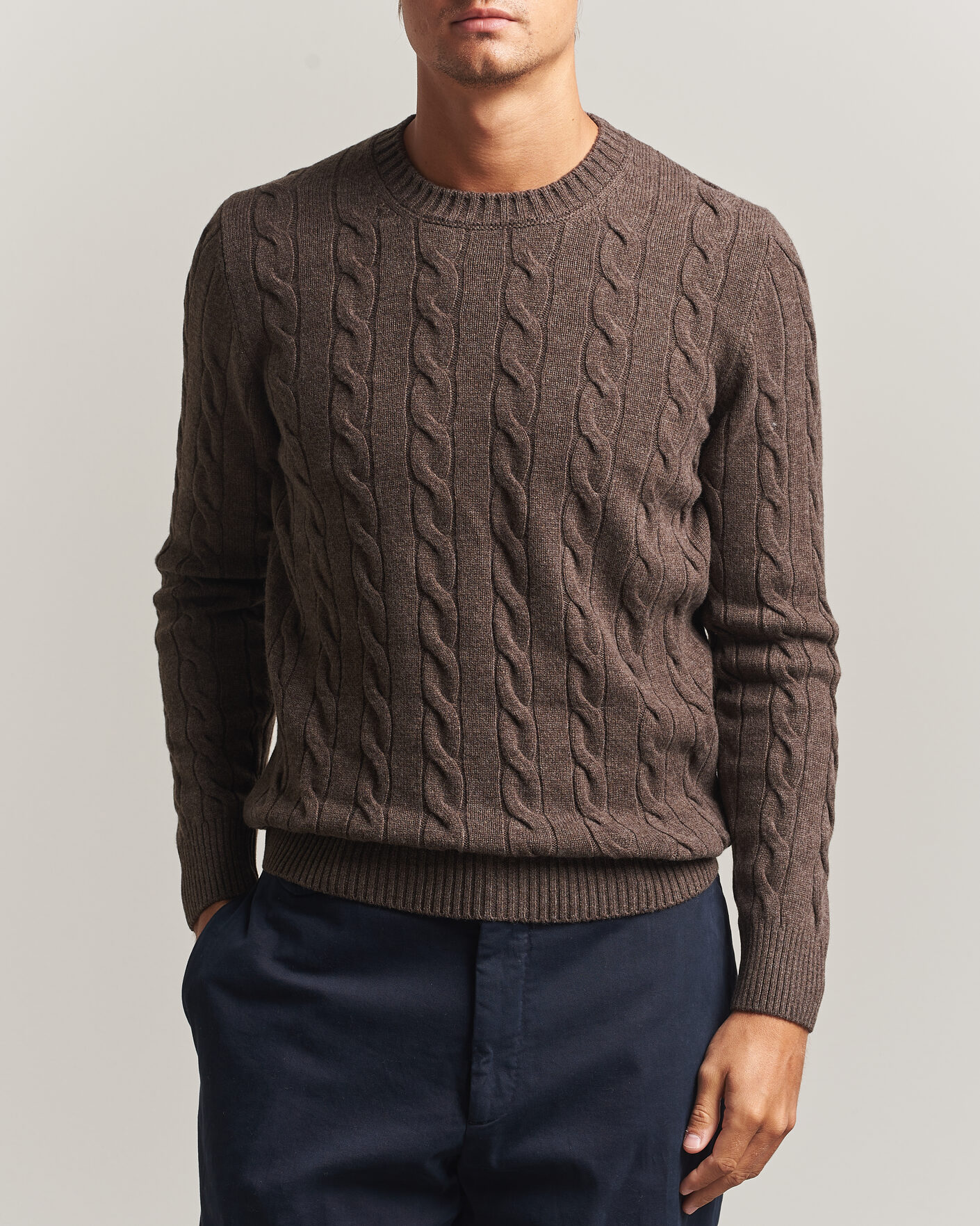 Homme | Pulls Et Tricots | Gran Sasso | Wool/Cashmere Cable Crew Neck Dark Brown Melange