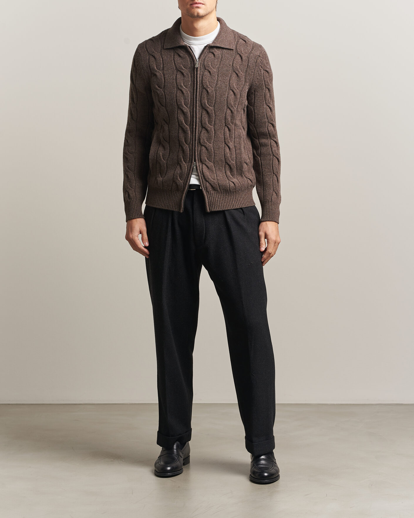 Homme | Pulls Et Tricots | Gran Sasso | Wool/Cashmere Cable Full Zip Dark Brown Melange