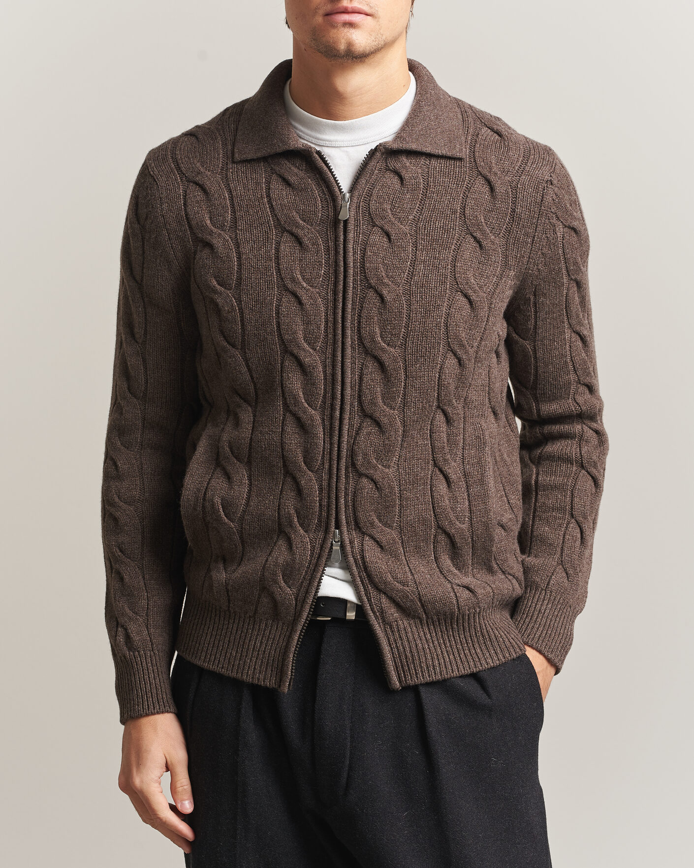 Homme | Pulls Et Tricots | Gran Sasso | Wool/Cashmere Cable Full Zip Dark Brown Melange
