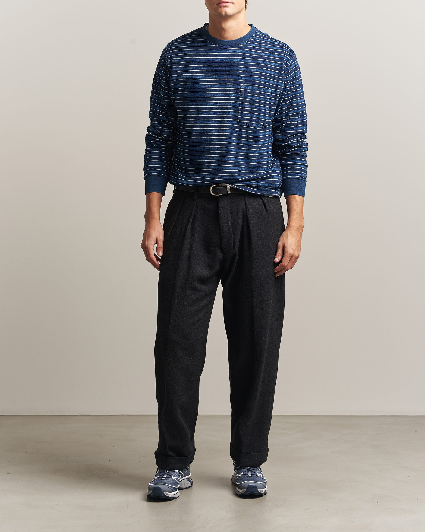 Homme | T-shirts | BEAMS PLUS | Indigo Stripe LS T-Shirt Navy