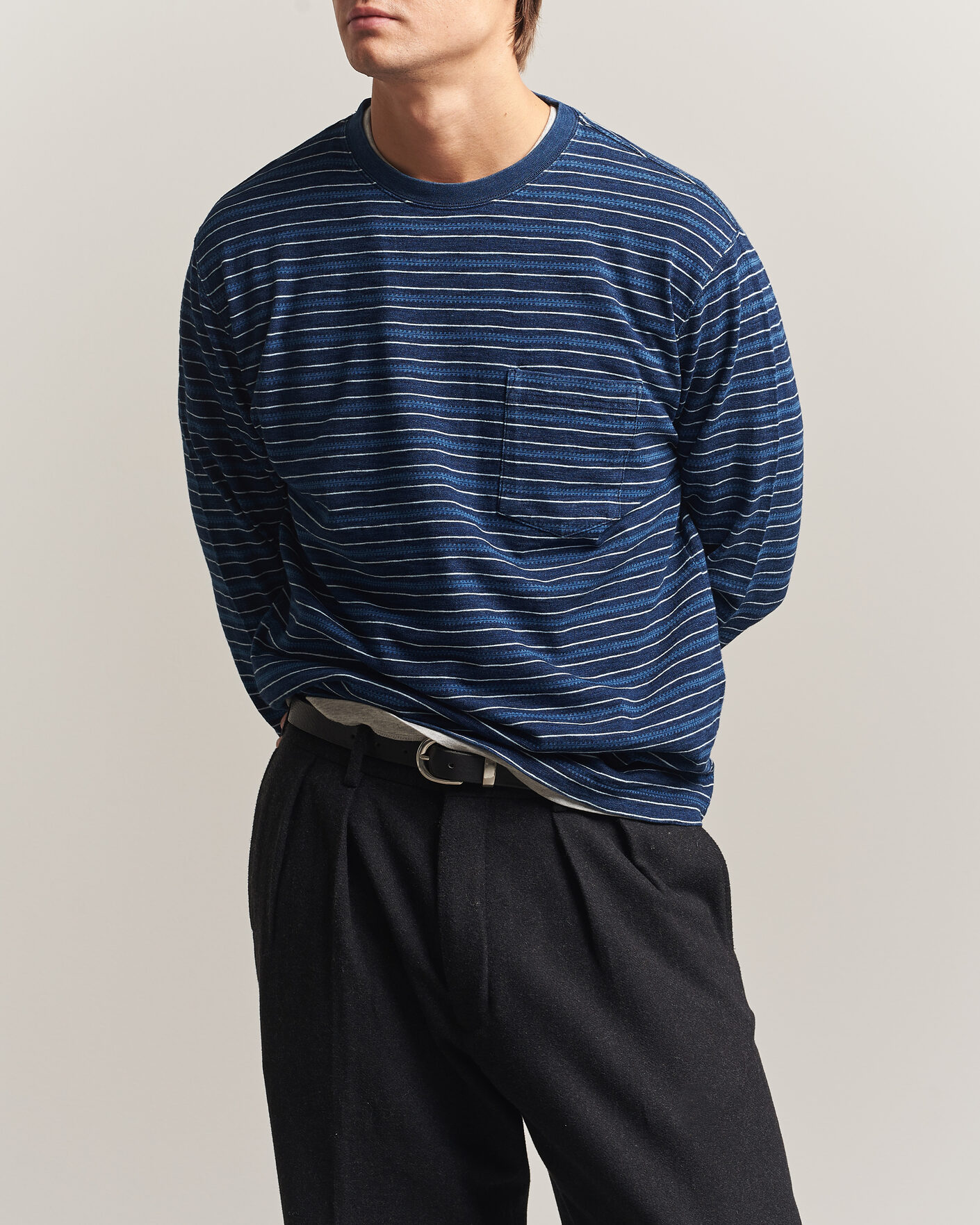Homme | T-shirts | BEAMS PLUS | Indigo Stripe LS T-Shirt Navy