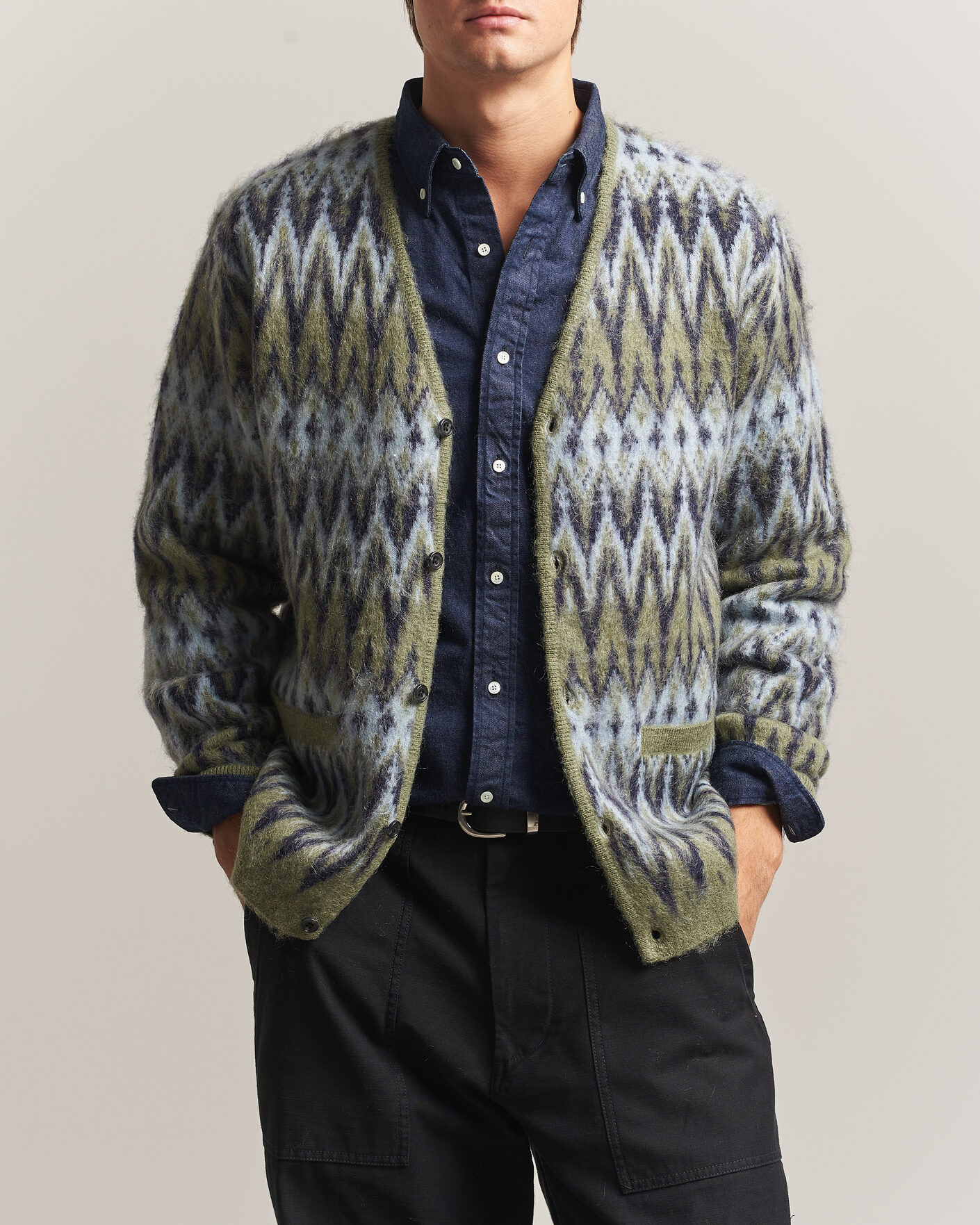 Homme | Pulls Et Tricots | BEAMS PLUS | Chevron Jacquard Cardigan Green/Grey
