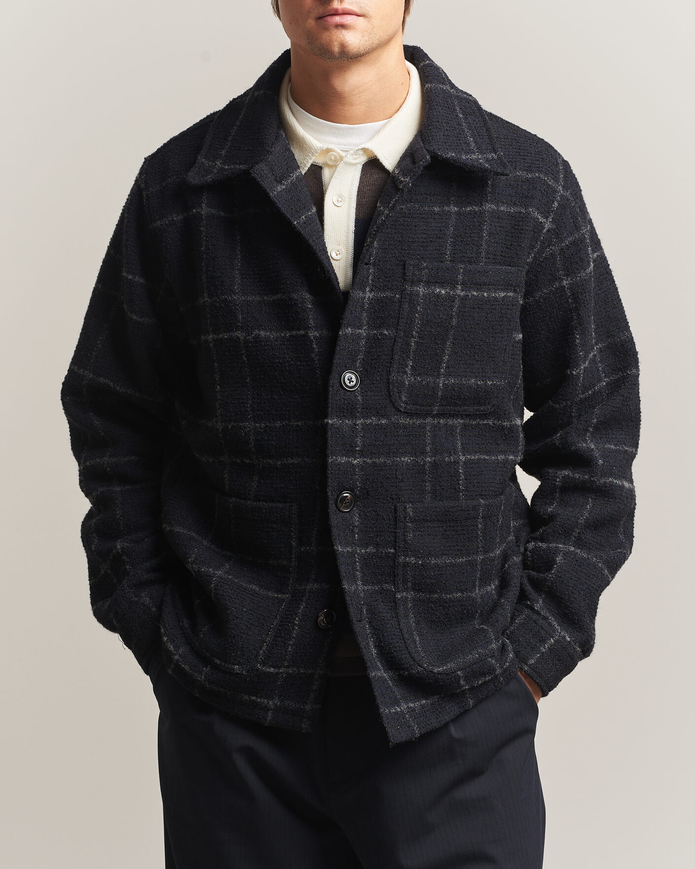 Homme | Chemises | A Day's March | Algot Wool Checked Overshirt Navy
