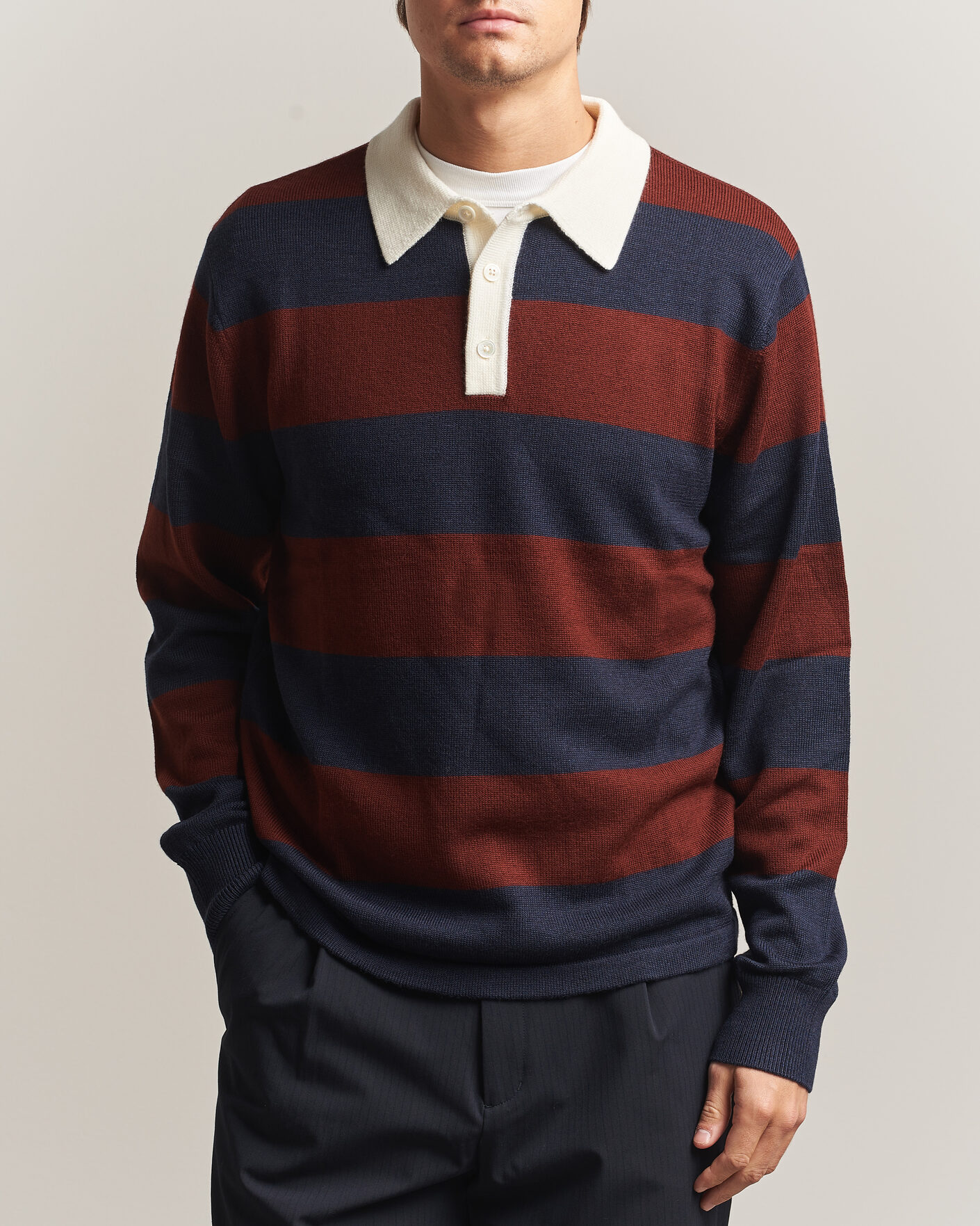 Homme | Pulls Et Tricots | A Day's March | Kenny Striped Merino Rugby Sweater Rust/Navy