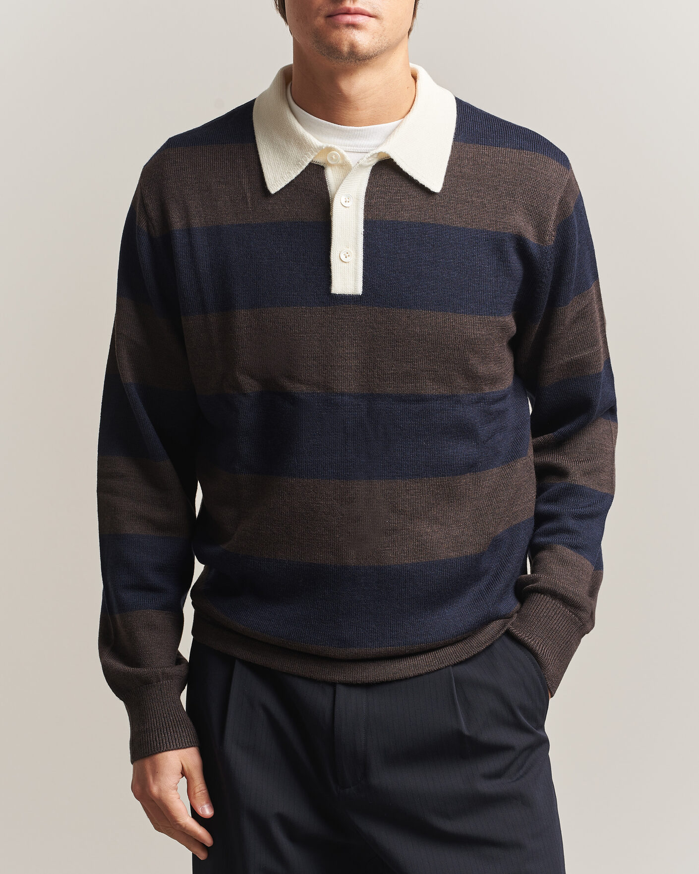 Homme | Pulls Et Tricots | A Day's March | Kenny Striped Merino Rugby Sweater Brown/Navy