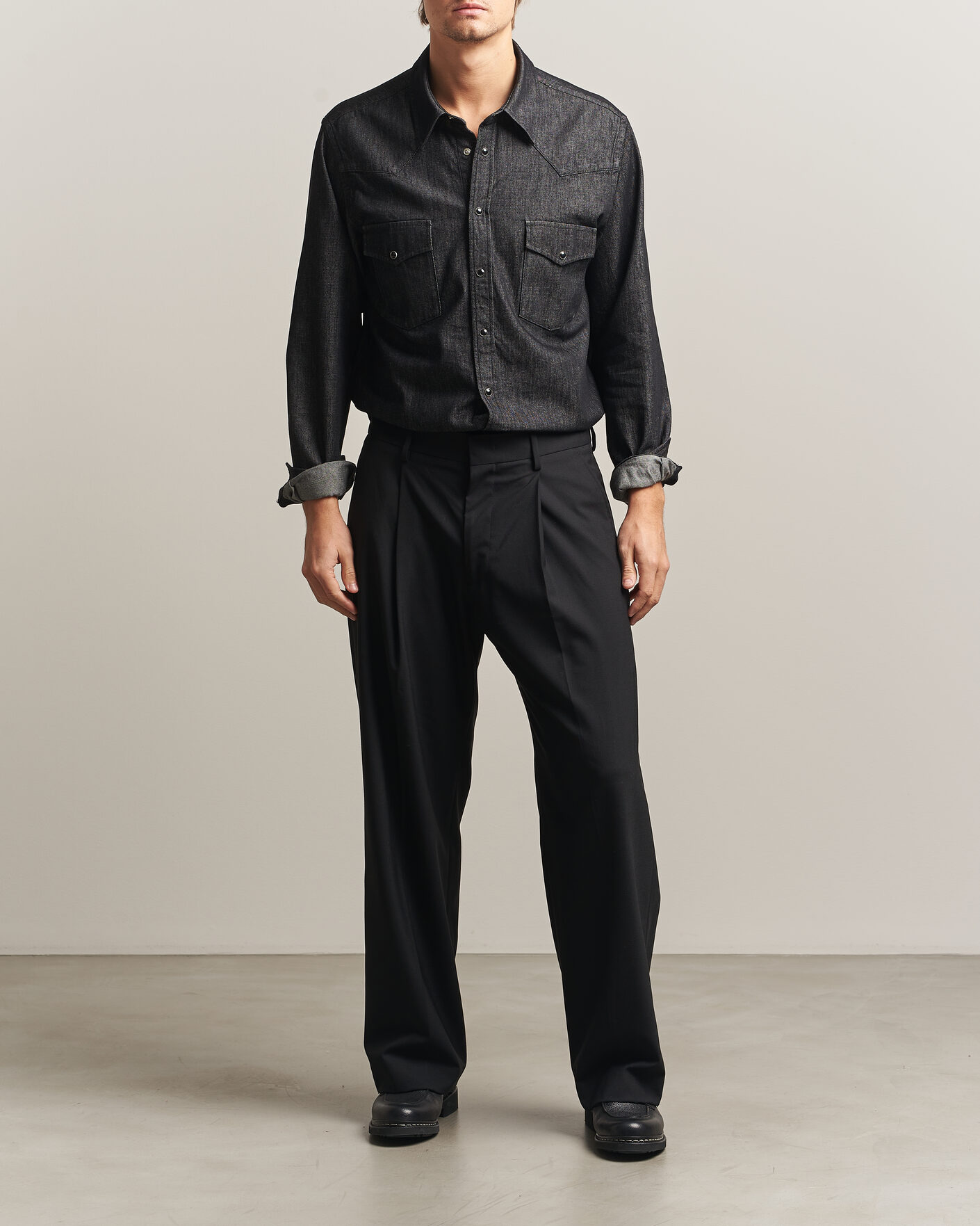 Homme | Chemises | Oscar Jacobson | Straight Fit Western Shirt Dark Grey