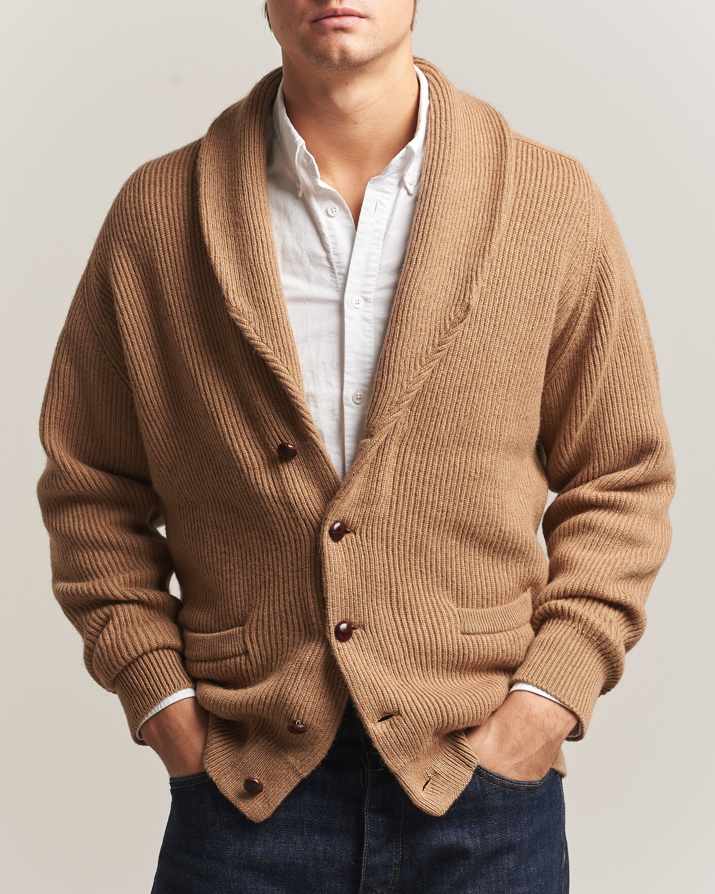 Homme | Pulls Et Tricots | William Lockie | Windsor Camelhair Shawl Cardigan Natural Brown