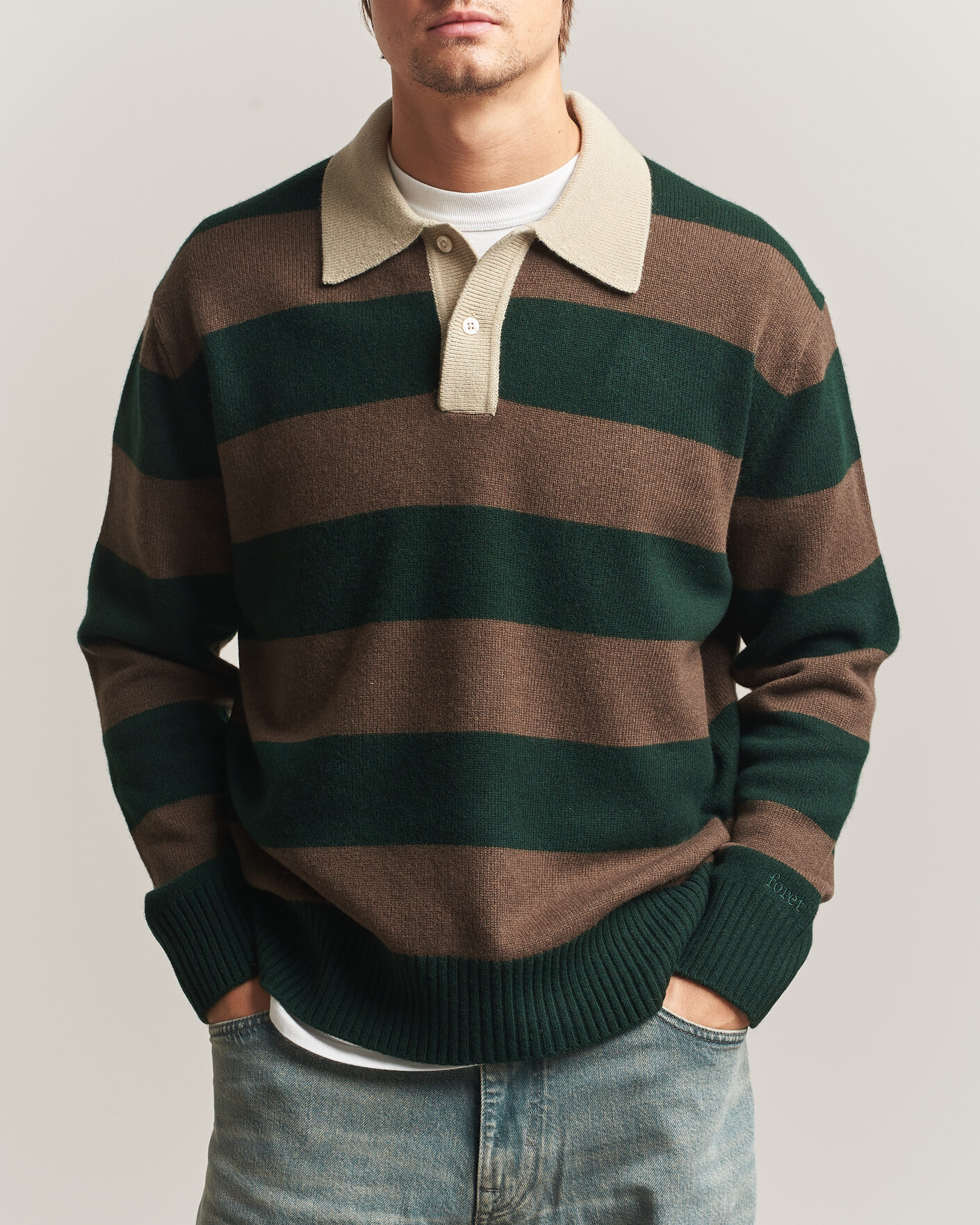 Homme | Pulls Et Tricots | Forét | Frost Stripe Knit Polo Deep Green