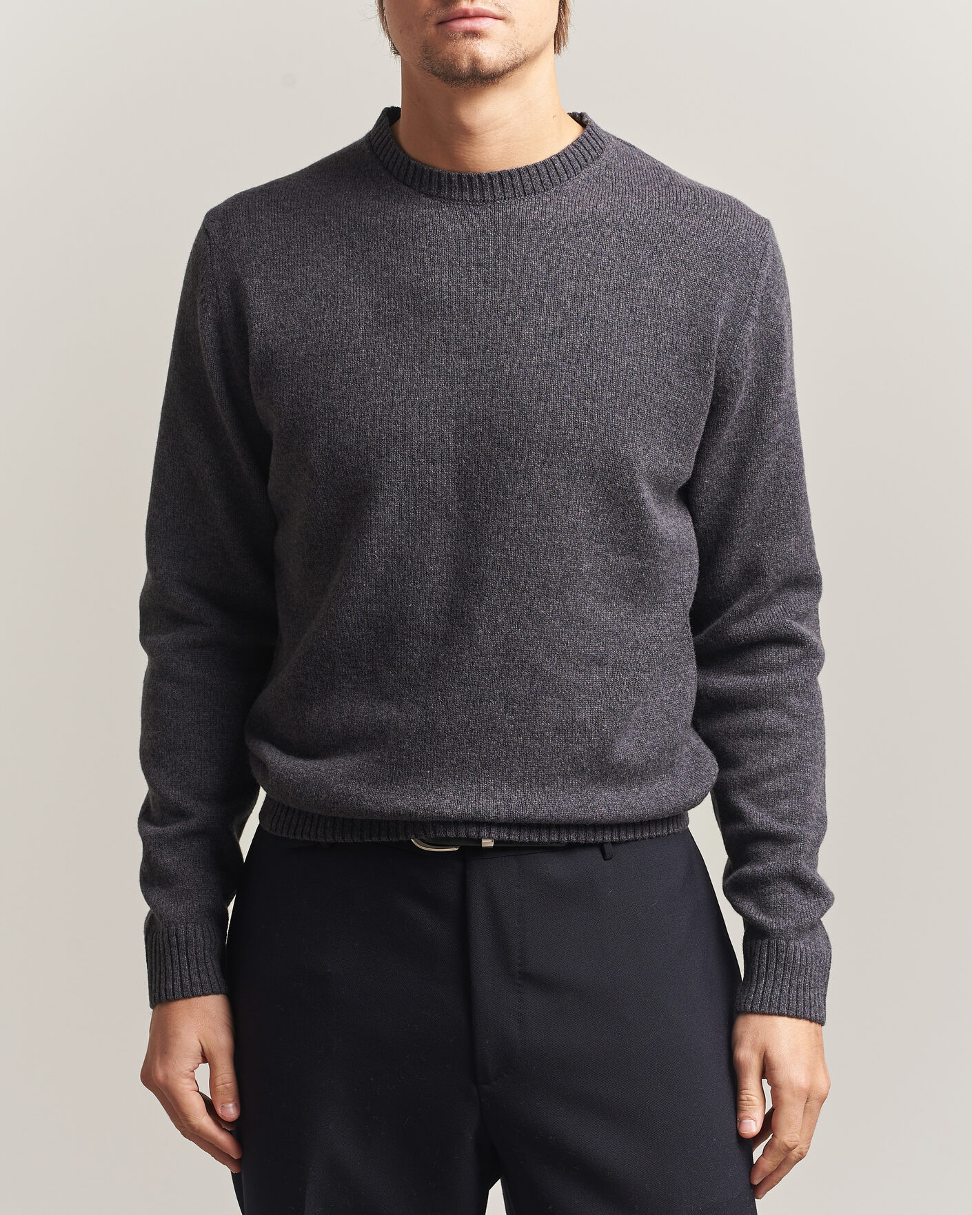 Homme | Pulls Et Tricots | Stenströms | Knitted Lambswool Crew Neck Dark Grey Melange