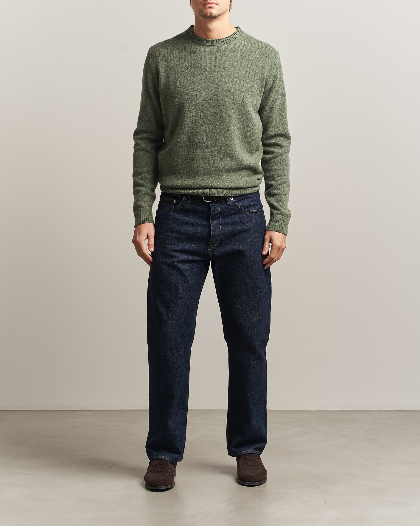 Homme | Pulls Et Tricots | Stenströms | Knitted Lambswool Crew Neck Light Army Green Melange