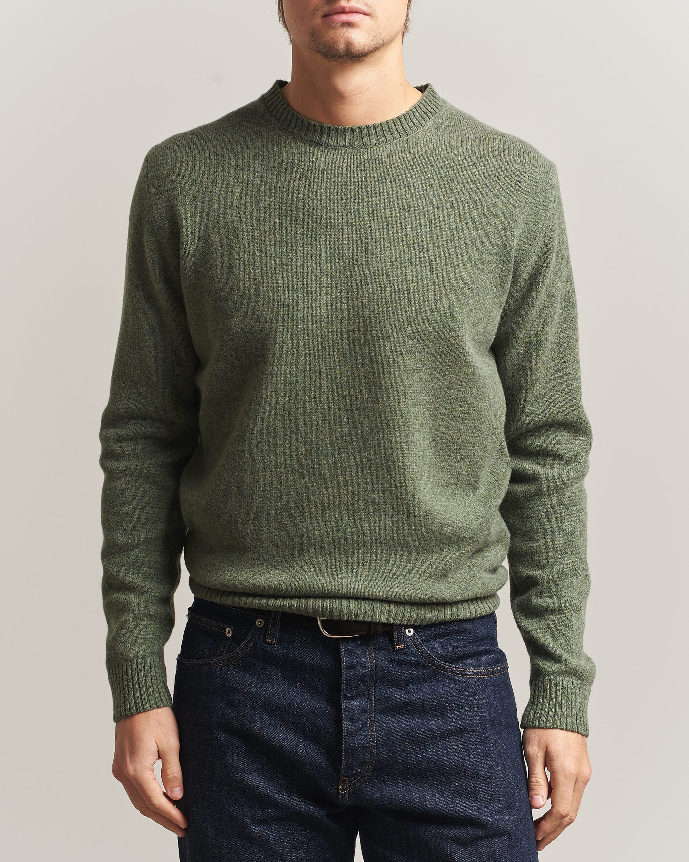 Homme | Pulls Et Tricots | Stenströms | Knitted Lambswool Crew Neck Light Army Green Melange