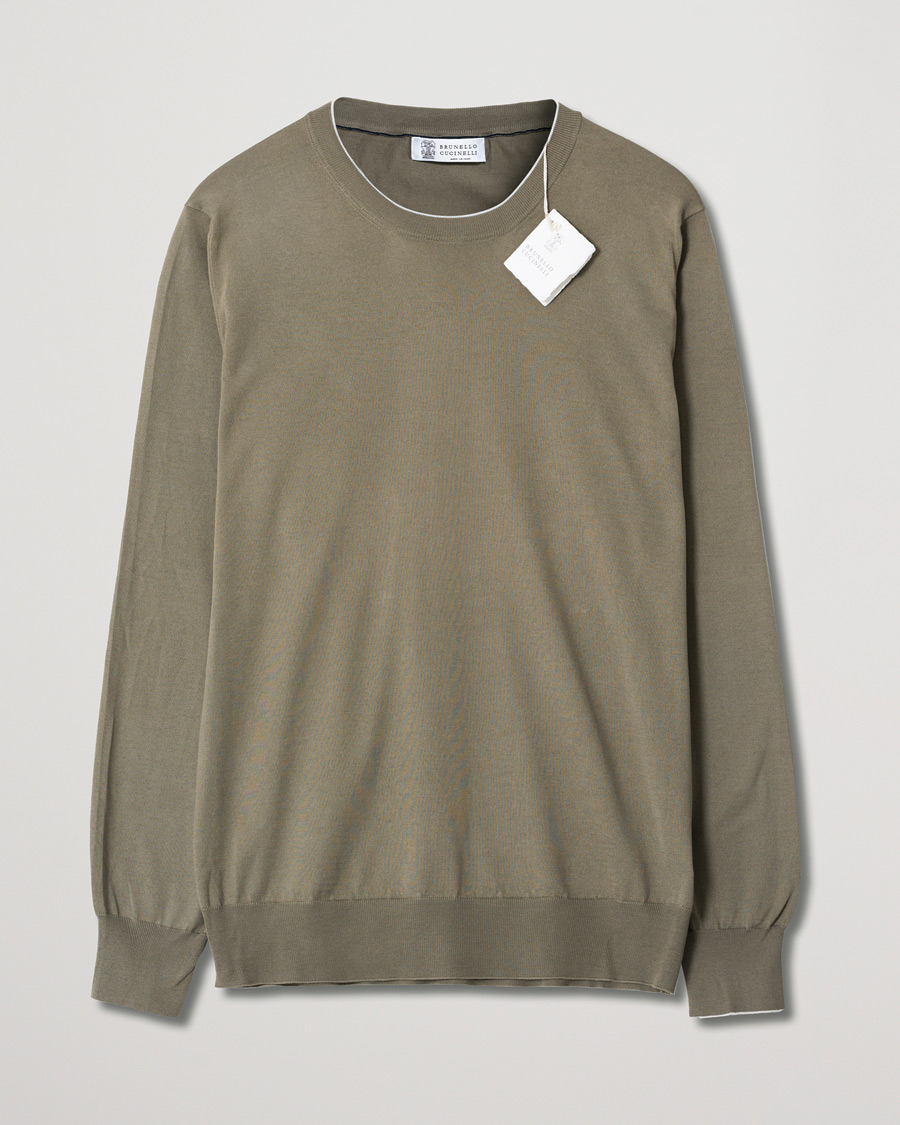 Homme | Brunello Cucinelli Crew Neck Cotton Contrast Pullover Olive Green | Pre-owned | Brunello Cucinelli Crew Neck Cotton Contrast Pullover Olive Green