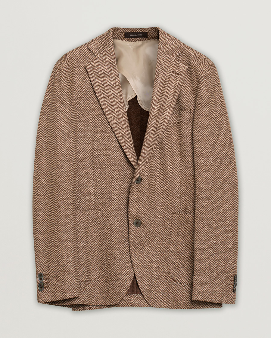 Homme | Blazers | Pre-owned | Oscar Jacobson Egel Patch Herringbone Linen Blazer Brown
