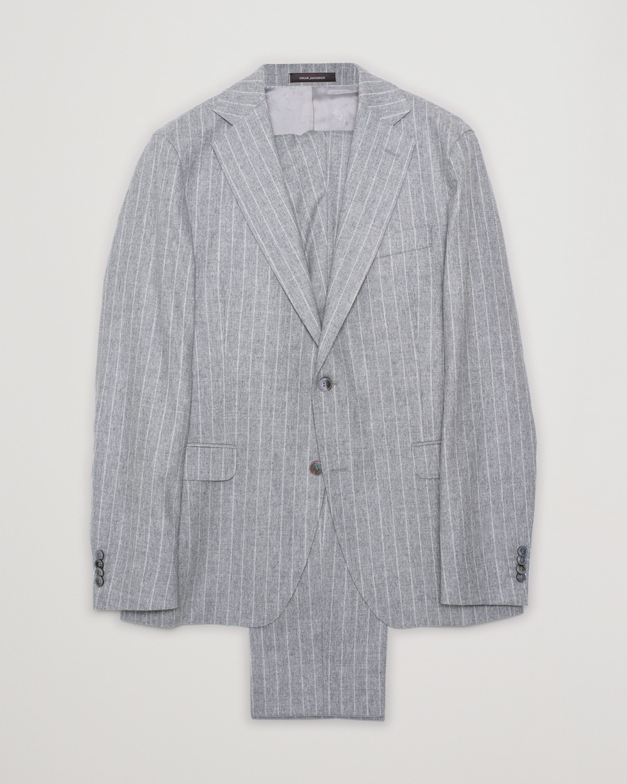 Homme | Oscar Jacobson Ego Pinstripe Wool Flannel Suit Grey Melange | Pre-owned | Oscar Jacobson Ego Pinstripe Wool Flannel Suit Grey Melange