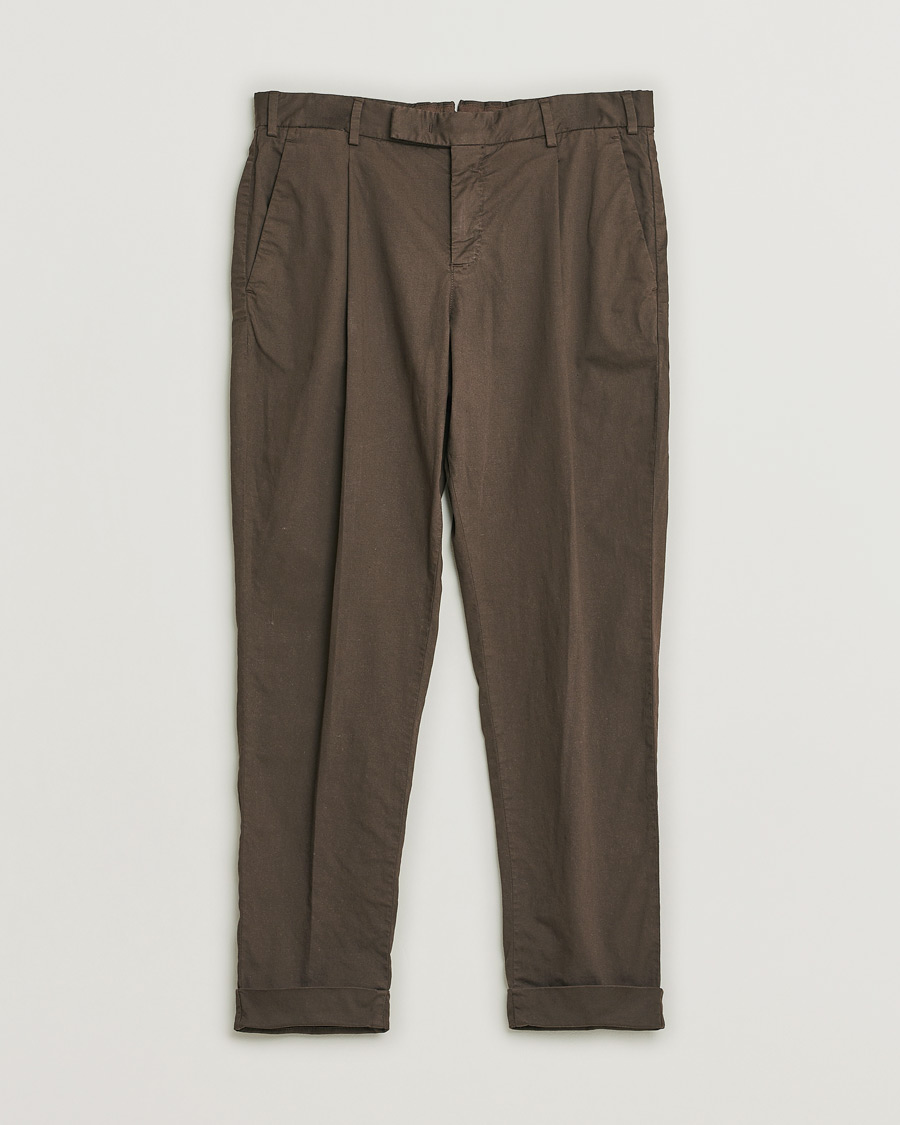 Homme | PT01 Slim Fit Pleated Linen Blend Trousers Chocolate | Pre-owned | PT01 Slim Fit Pleated Linen Blend Trousers Chocolate