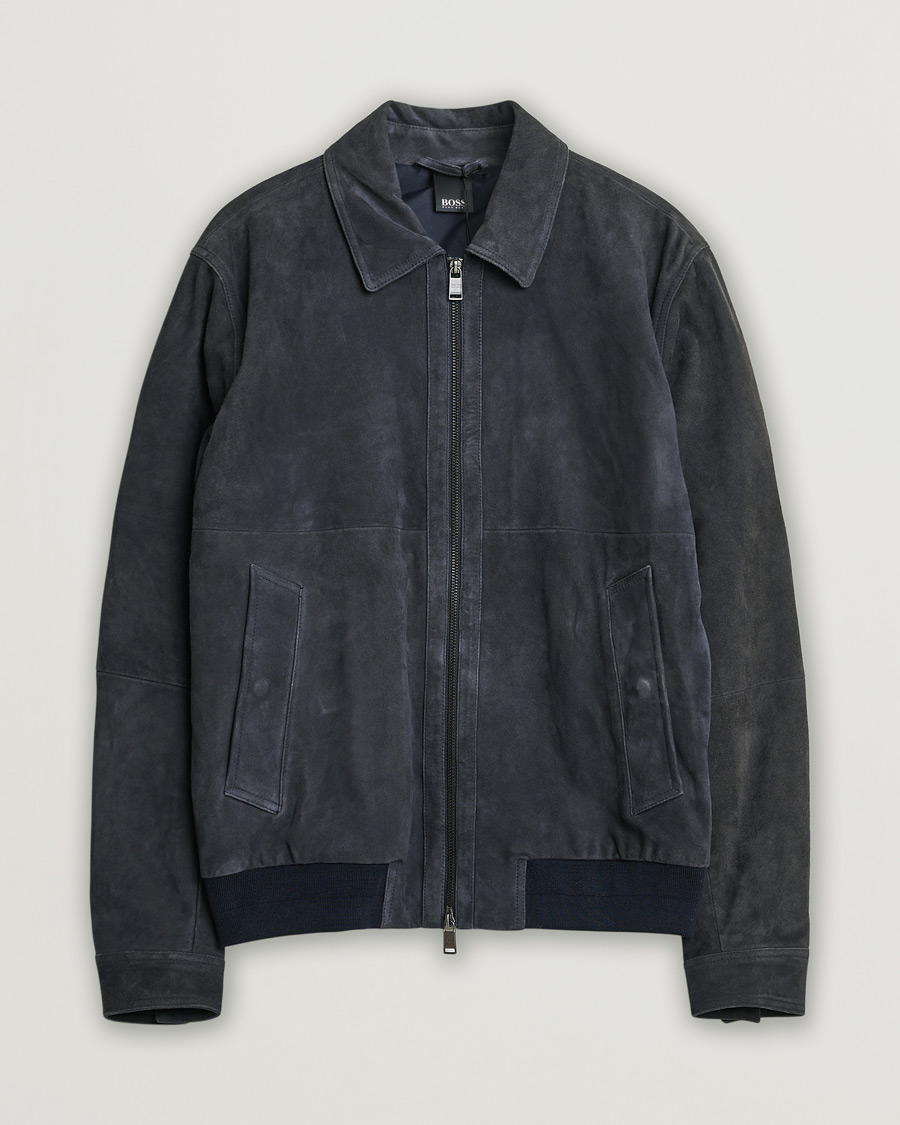 Homme | BOSS Malbano Suede Jacket Blue Grey 48 | Pre-owned | BOSS Malbano Suede Jacket Blue Grey 48